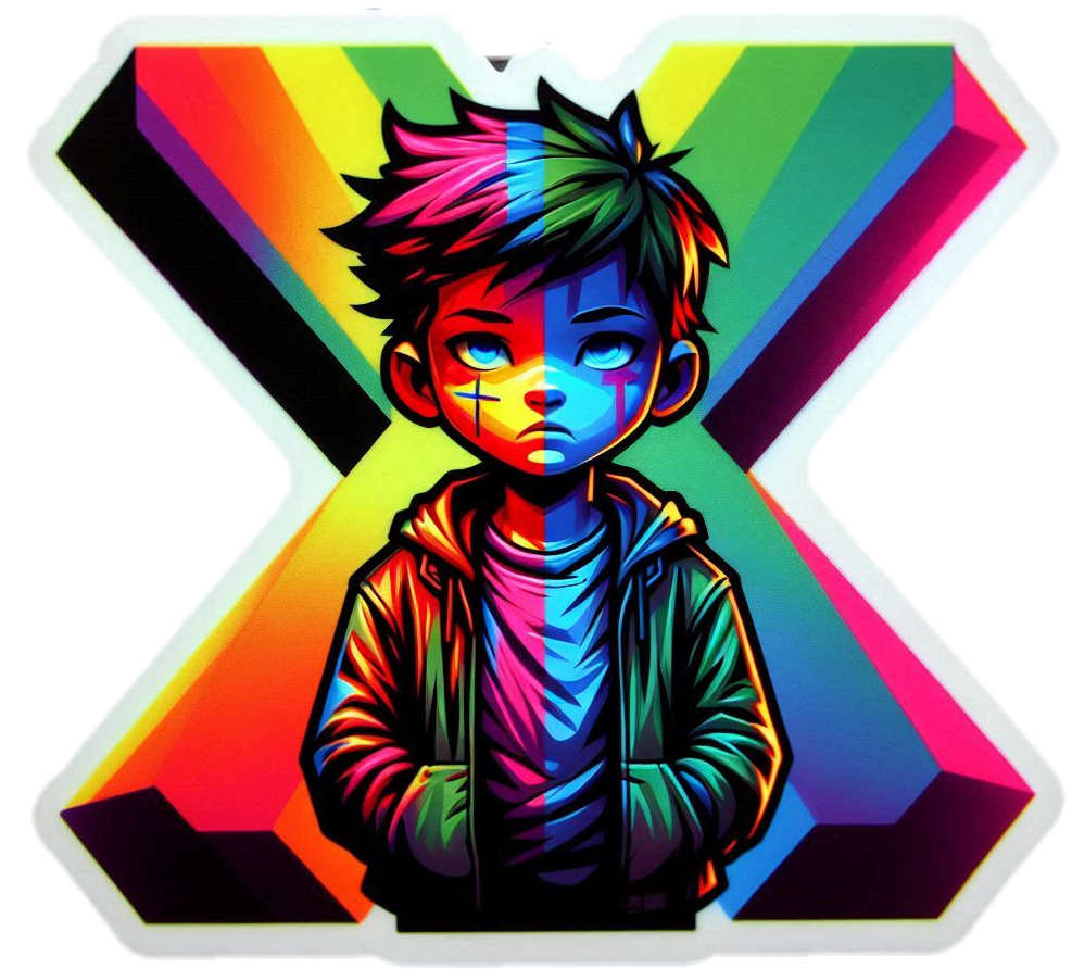 An young anti-hero called LOST BOY in front of a LARGE X in rainbow of neon colors..png