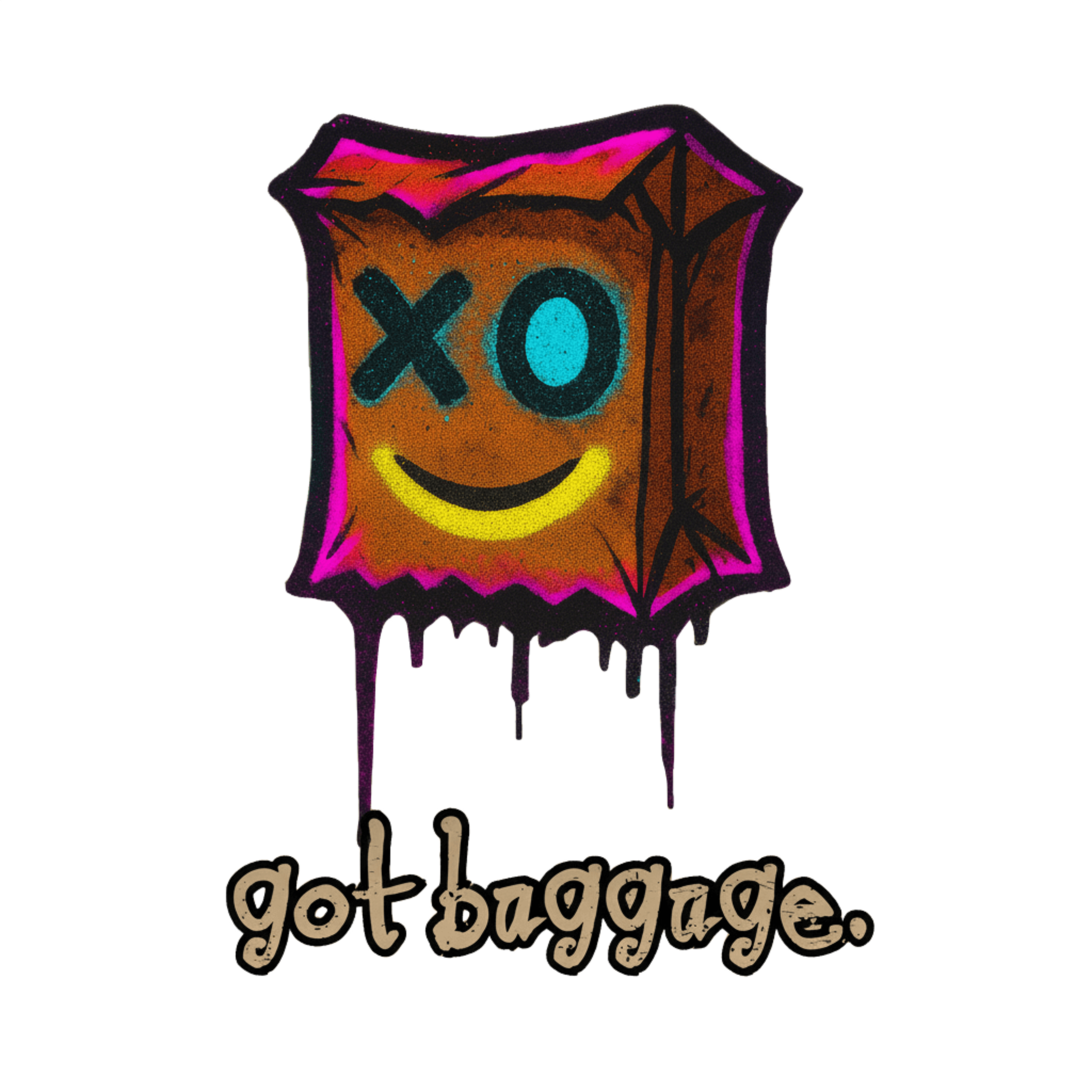 A colorful graffiti-style image of a box with a yellow smiley face and X's for eyes, with the phrase 'got baggage' below.