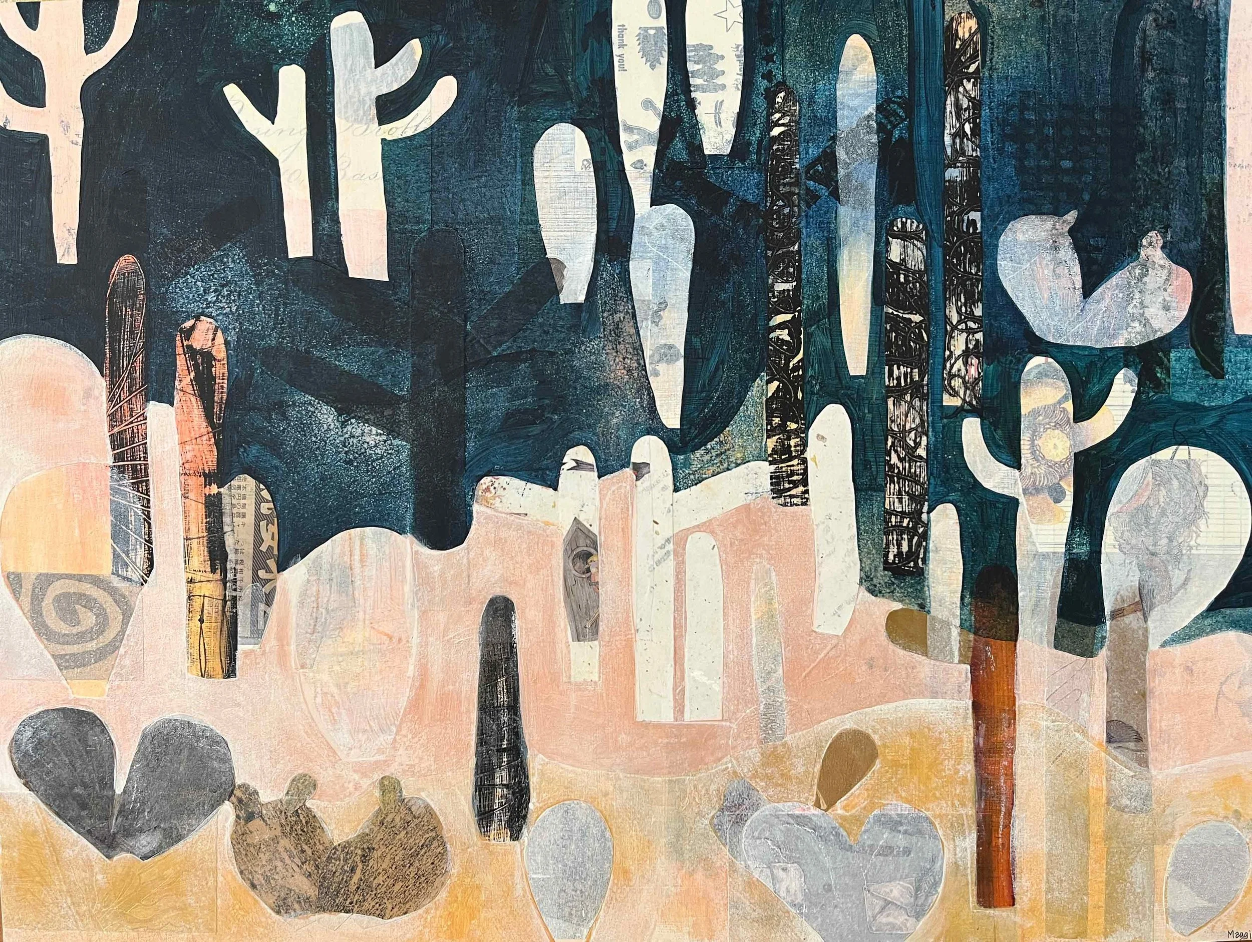 Night with Saguaros, 18 x24 acrylic collage