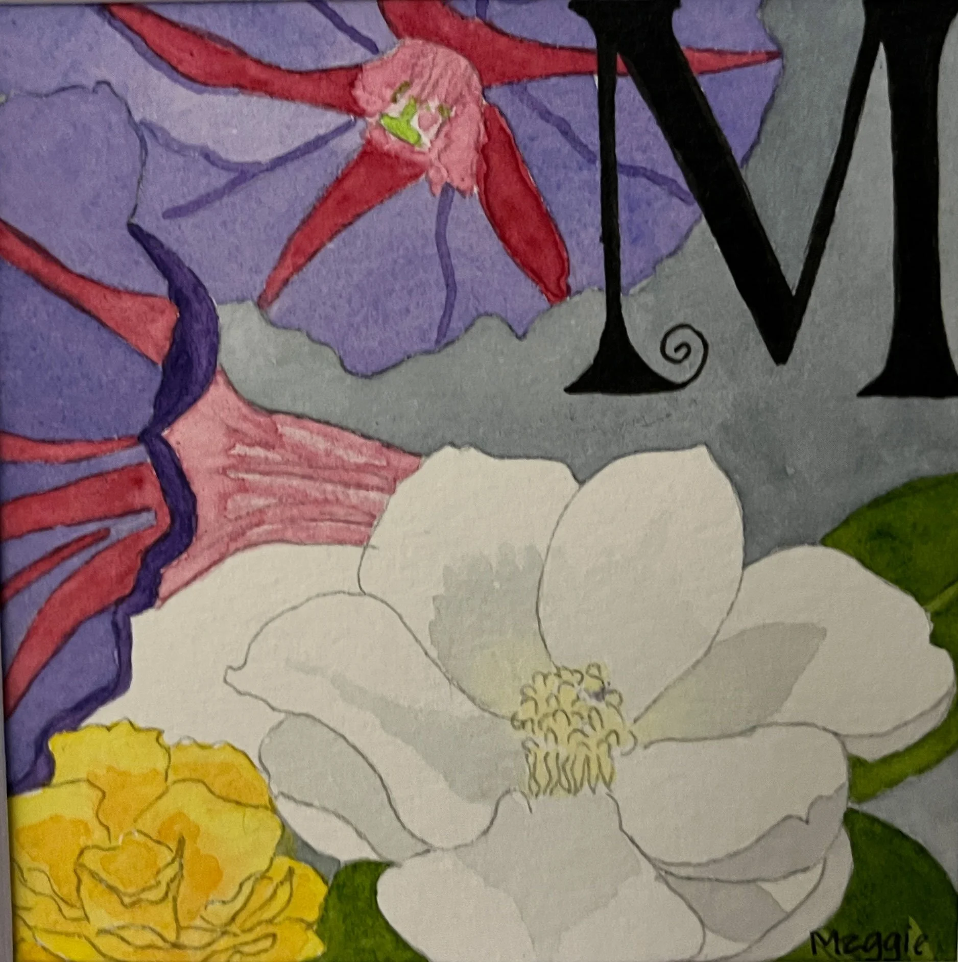 M is for Magnolia, Morning Glory, and Marigold 8 x8, watercolor and ink