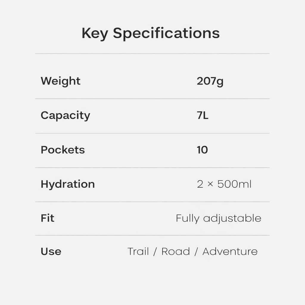 Key Specifications: Weight  207g Capacity 7L Pockets 10 Hydration 2 × 500ml Fit  Fully adjustable Use  Trail / road / adventure