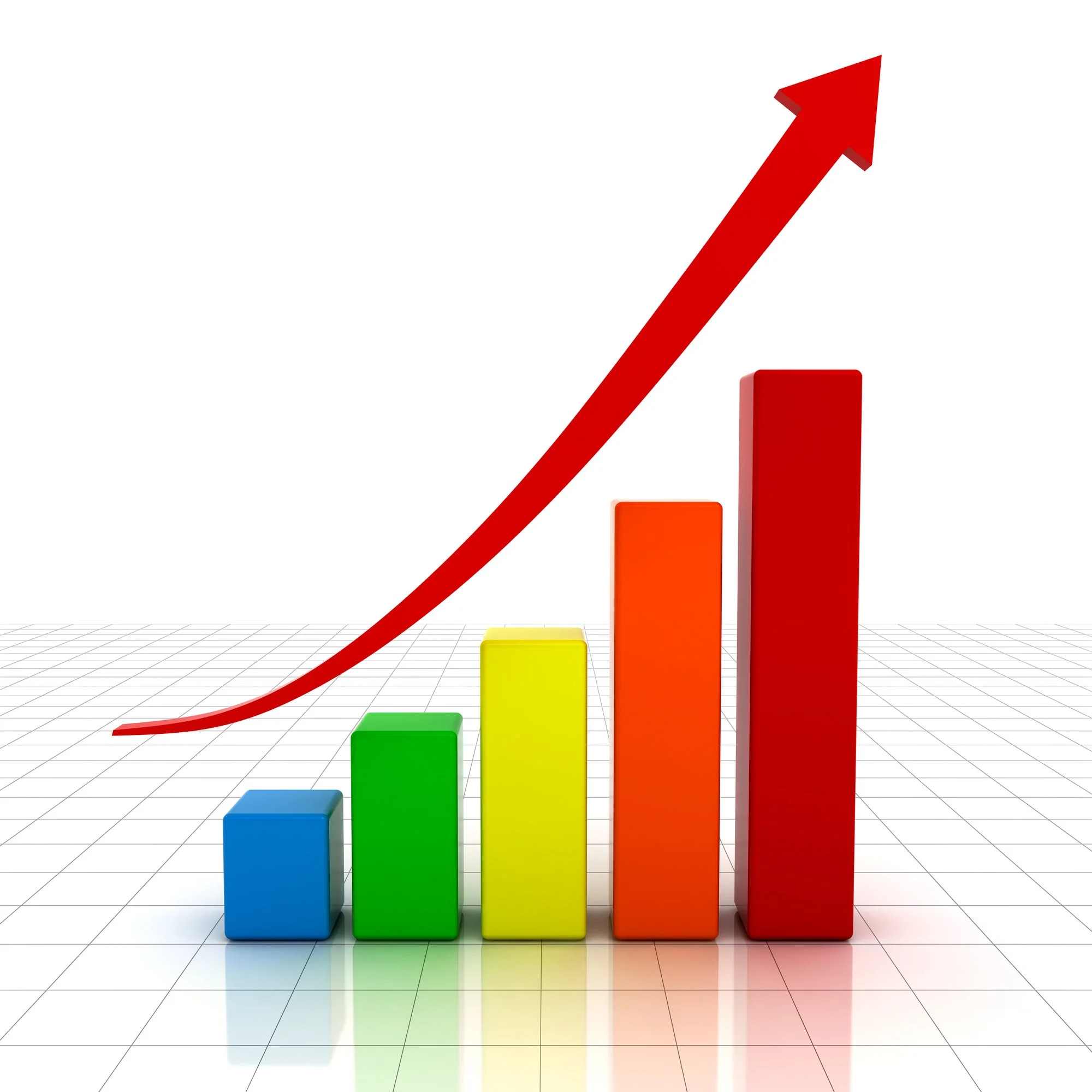 Colorful 3D bar chart with four bars increasing in height from blue to red, and a red upward arrow indicating growth or progress.