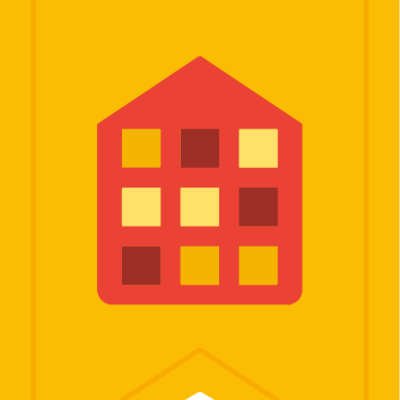 A colorful geometric pattern resembling a house with windows on a yellow background.
