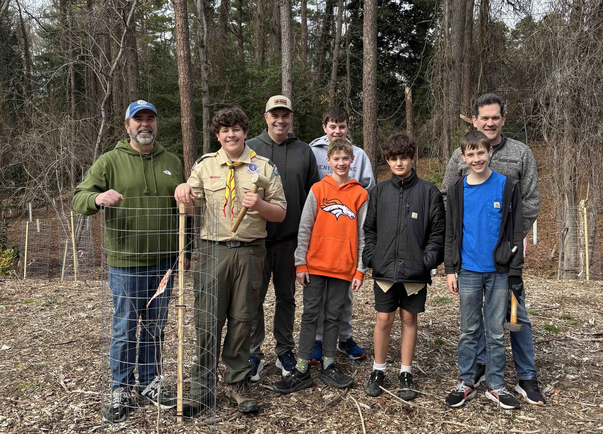 Eagle Scout project to construct and install 55 wire cages to protect trees and shrubs in the reforestation area was a big help!