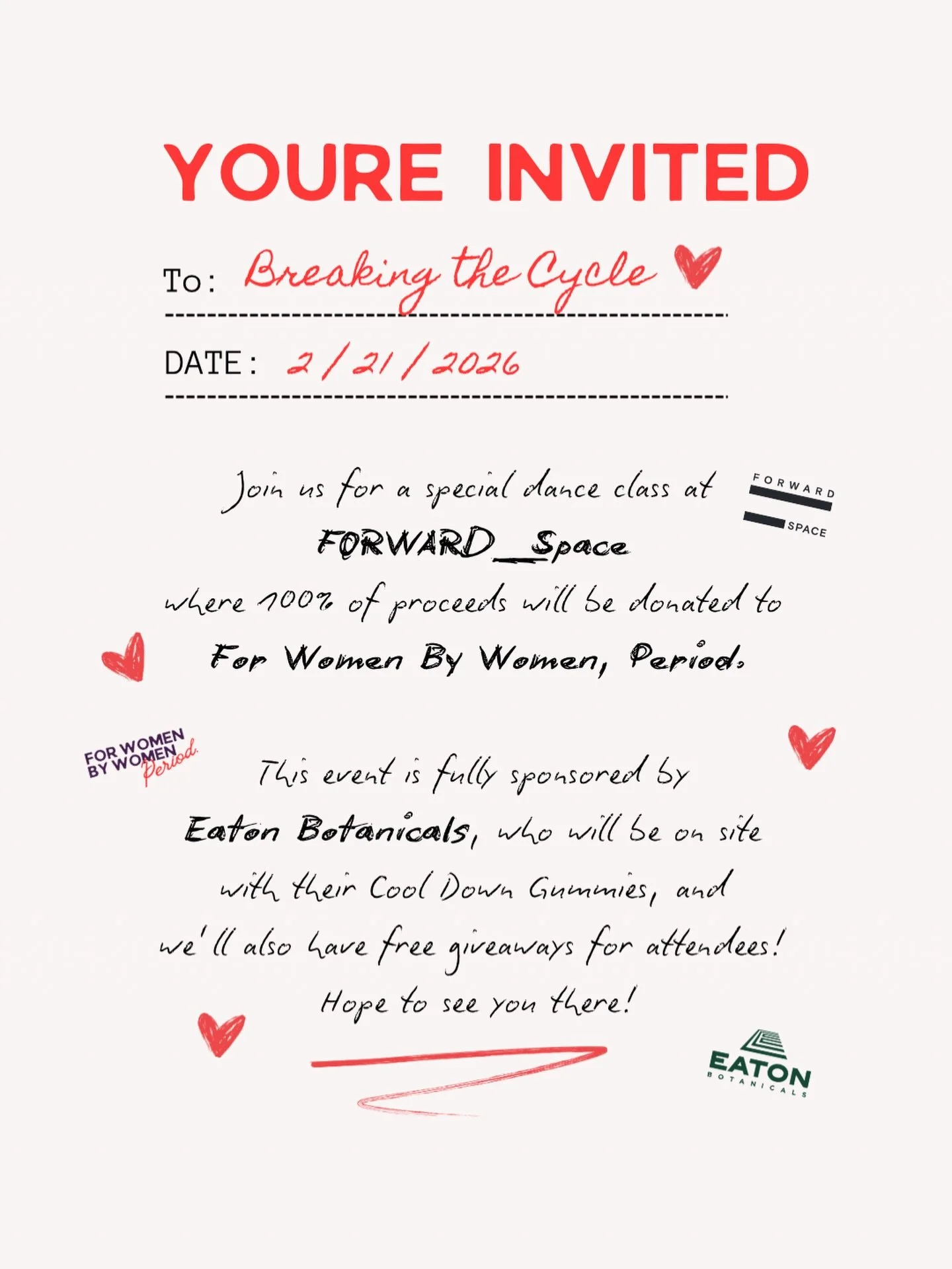 You&rsquo;re invited to Breaking the Cycle 
Join us for a special dance class at @forward__space where 100% of proceeds support For Women By Women, Period.
✨ Sponsored by @eatonbotanicals 
✨ Free giveaways
✨ Movement with purpose
2/21 &mdash; come da