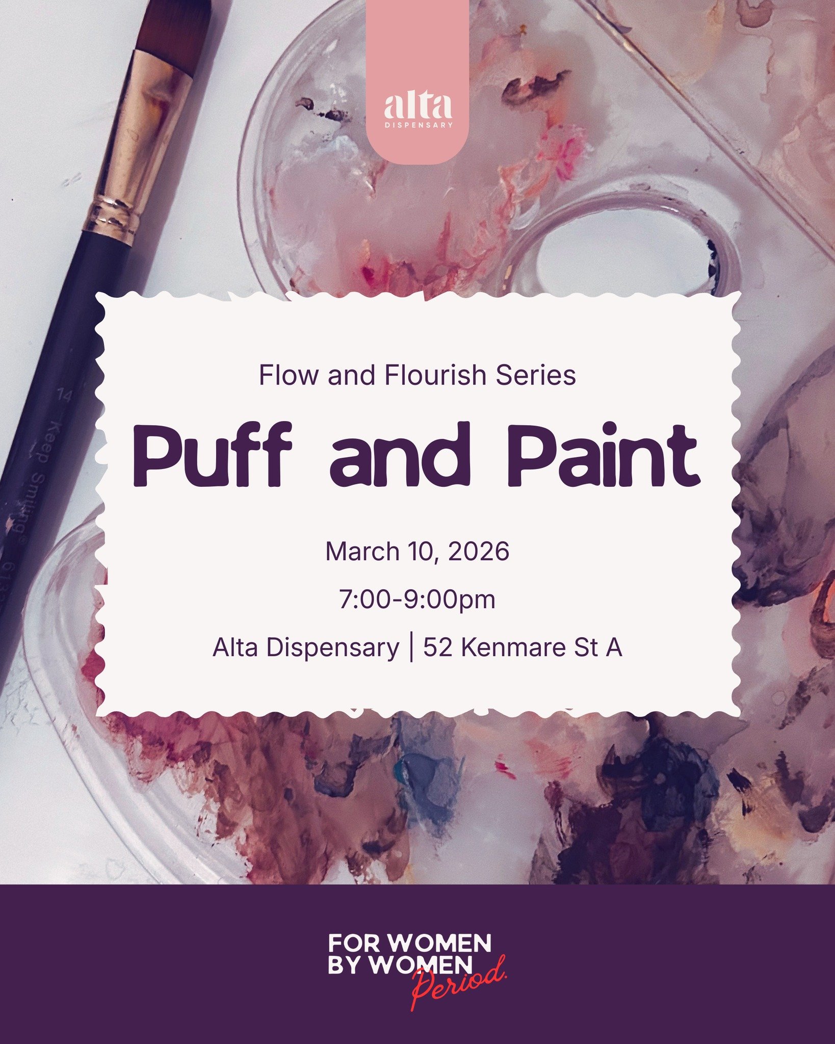 Paint, puff, and pack kits with us!
Join us at @altadispensary  for a night of creativity + community led by a Brooklyn art teacher, with giveaways from @eatonbotanicals  and @knix , and an open, shame-free convo about periods.

We&rsquo;ll be assemb