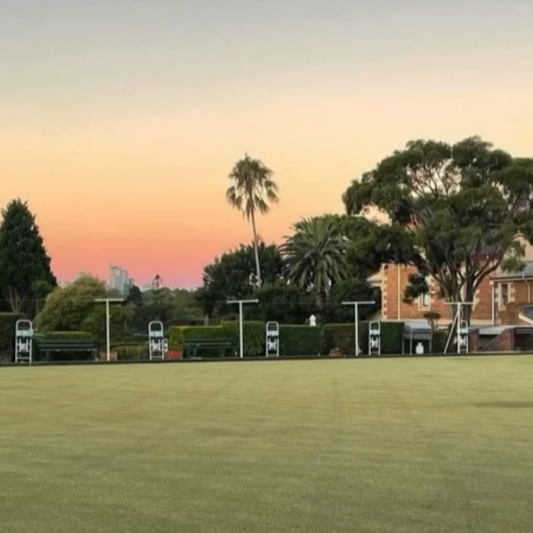Empty grassy field at sunset with tall trees and palm trees in the background, and no people visible.