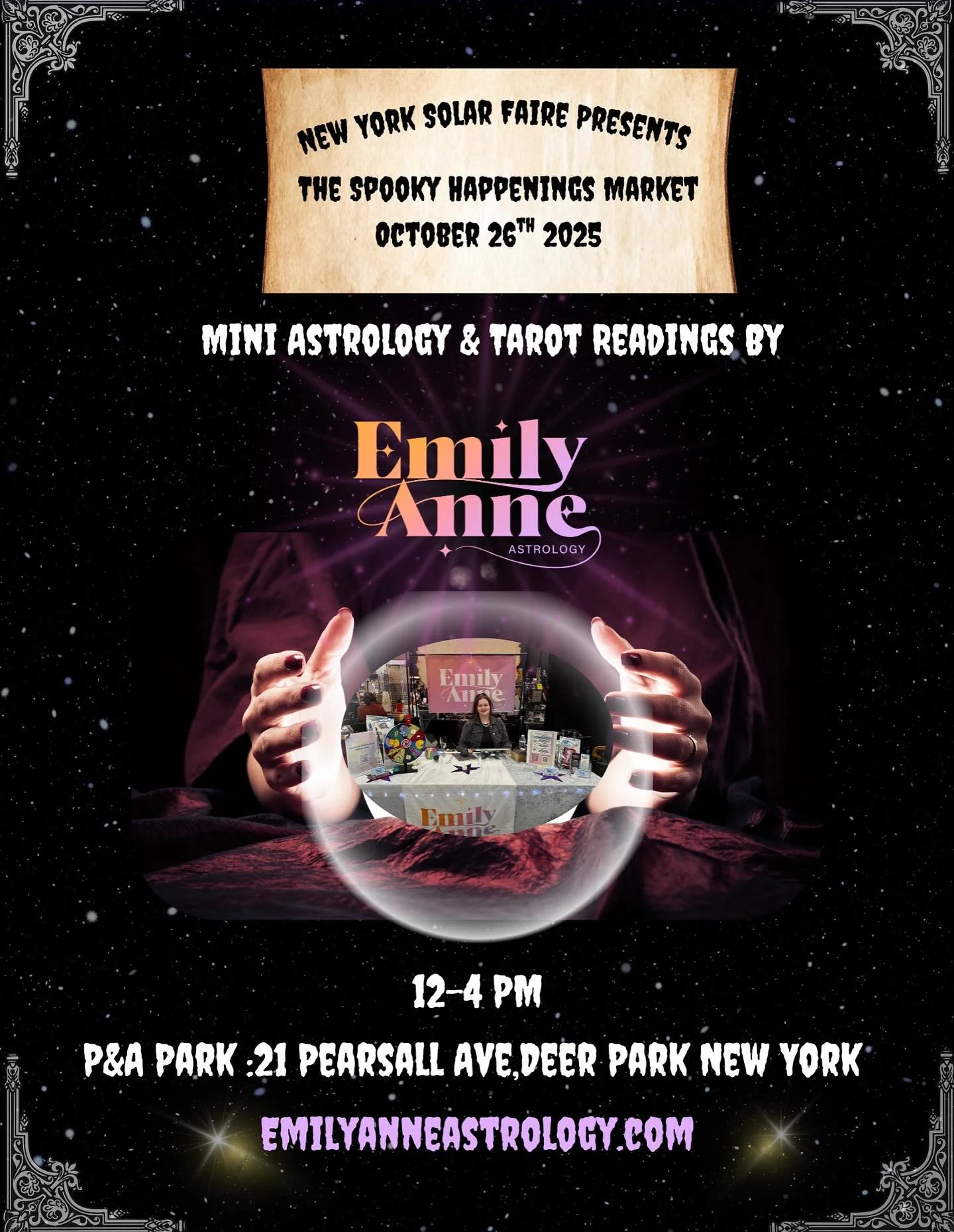 🎃 Spooky Happenings Market 👻
✨ Sunday, Oct 26 | 12&ndash;4 PM ✨
Catch me at P&amp;A Park in Deer Park offering mini astrology + tarot readings &mdash; your cosmic pit stop for clarity before Halloween!
🔮Come get a quick highlight of your spooky se