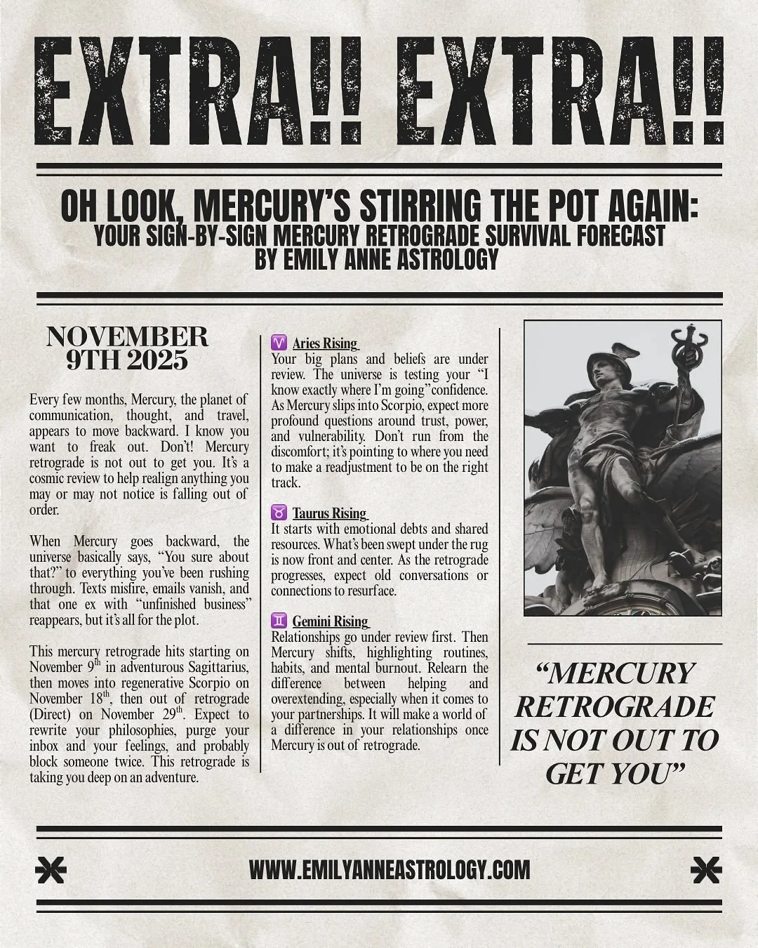 🚨 Mercury Retrograde Alert 🚨

It starts TOMORROW. Check out the sign by sign breakdown so you walk into this retrograde calm, confidant and aligned, not screaming &ldquo;the universe hates me&rdquo; when you facetime your mom (and she only got half