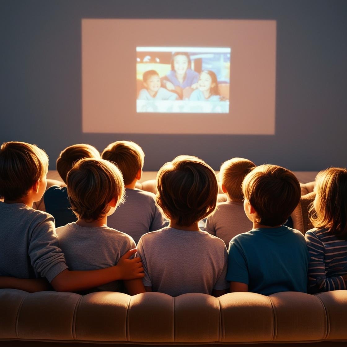 view kids from behind sitting on a couch watching a movie that is projected onto the wall.jpg