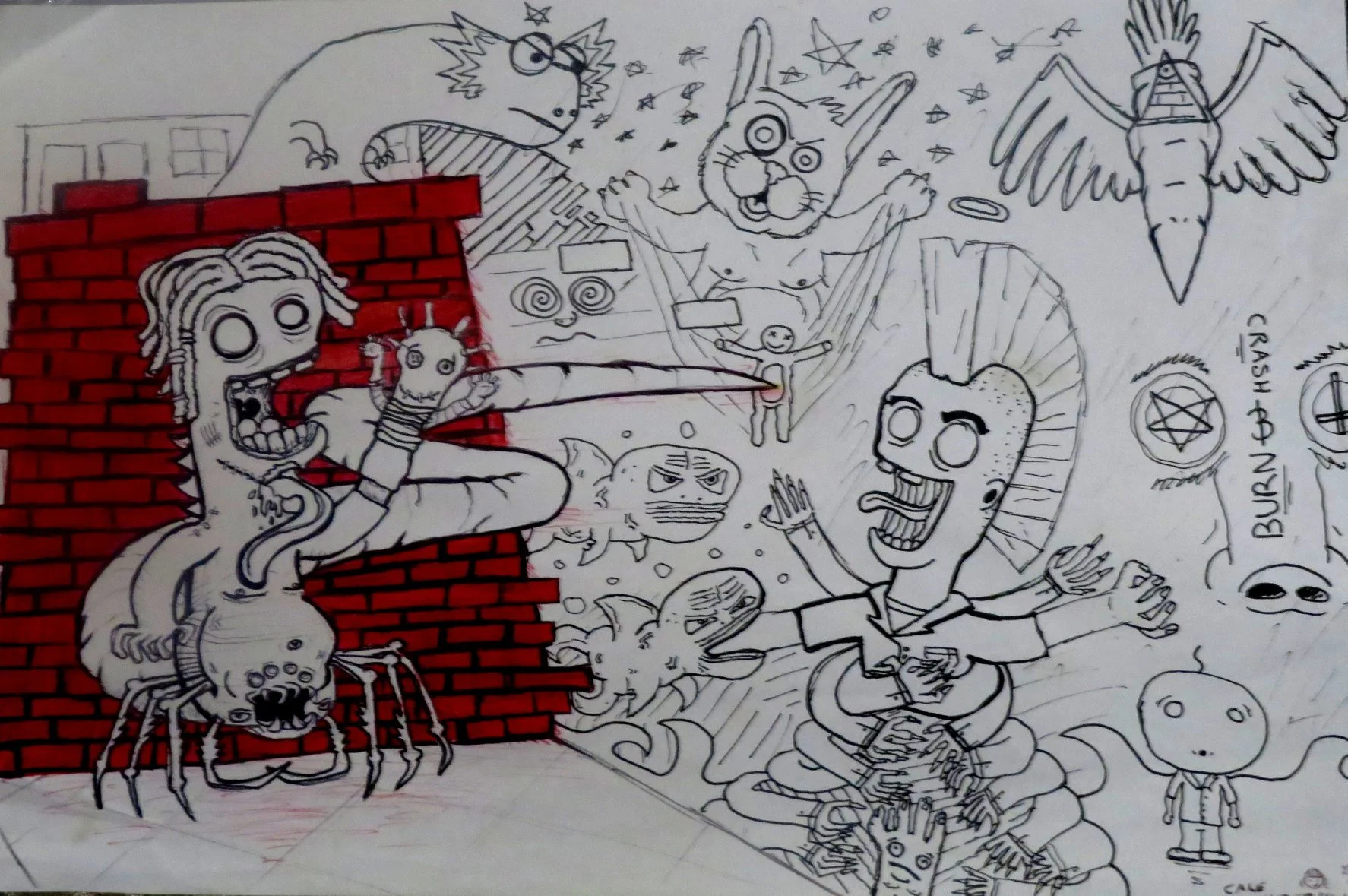 A black and white sketch of surreal and grotesque characters, including a skeleton figure with a mohawk, a man with dreadlocks, various monsters, a bird, and other strange creatures, some with exaggerated features, and a partially colored red brick w