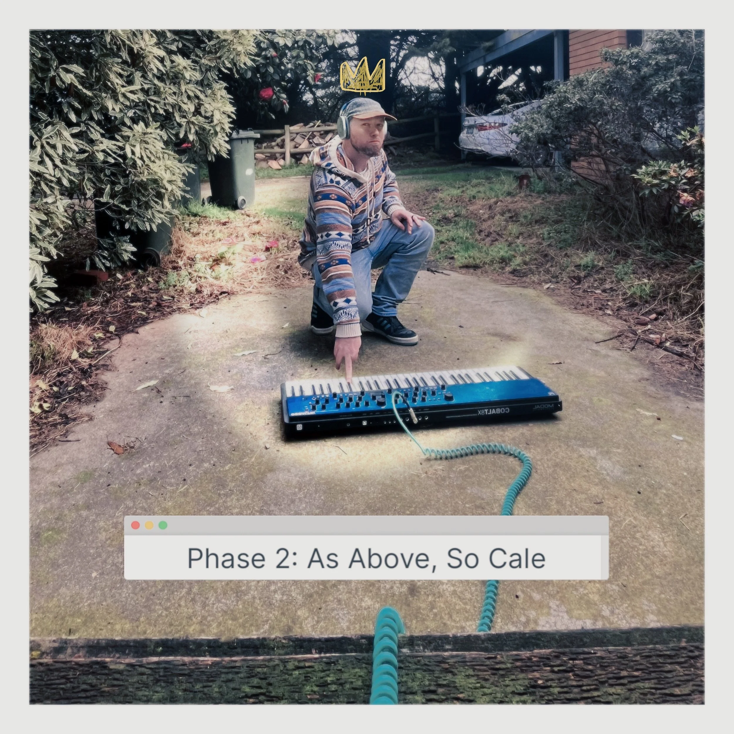 A man wearing a patterned hoodie, jeans, and headphones is squatting outdoors on a concrete path, pointing at a keyboard synthesizer connected by a teal cord. He has a digital crown drawn above his head. There is a caption at the bottom that reads 'P
