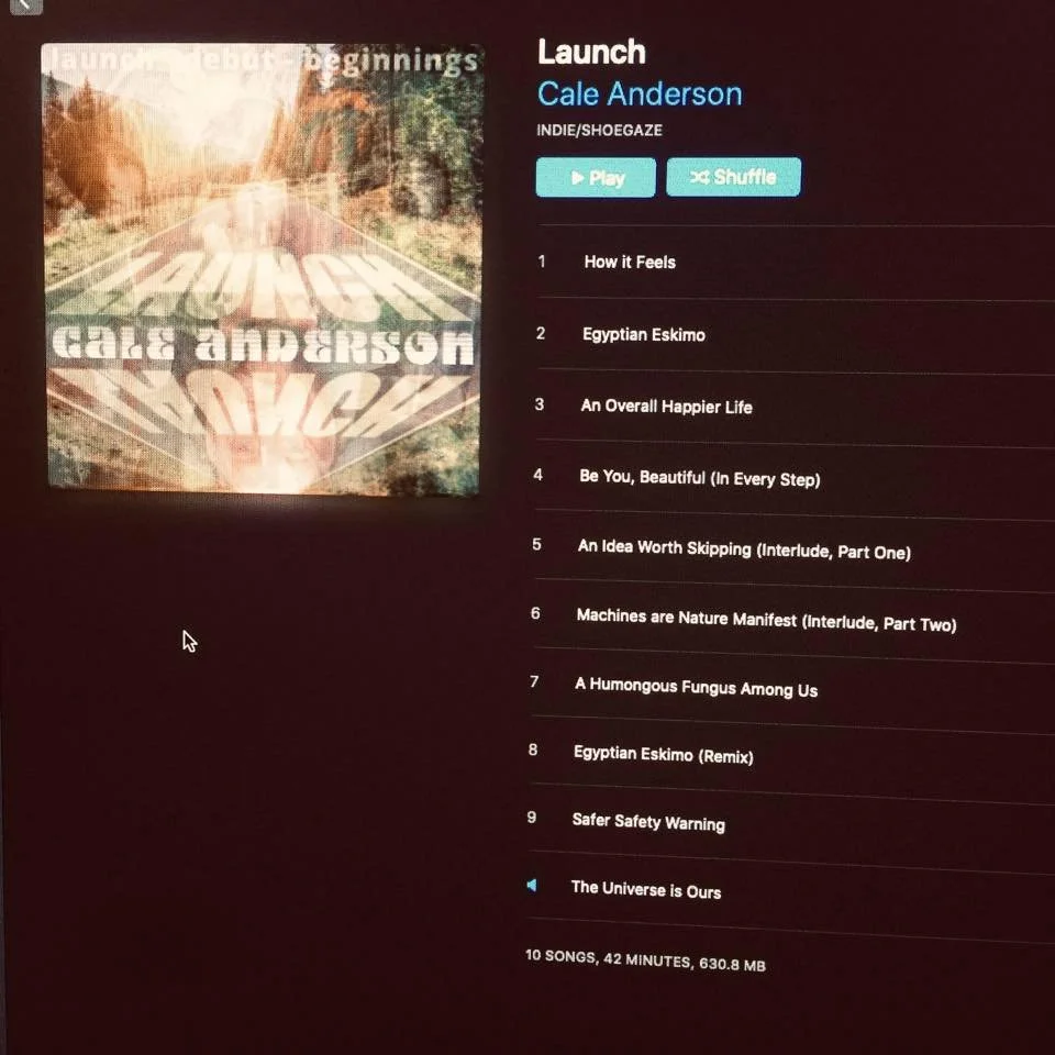 Album cover art for 'Launch' by Cale Anderson featuring a distorted image of a road with tree-lined cliffs on either side, overlaid with text and a geometric design.