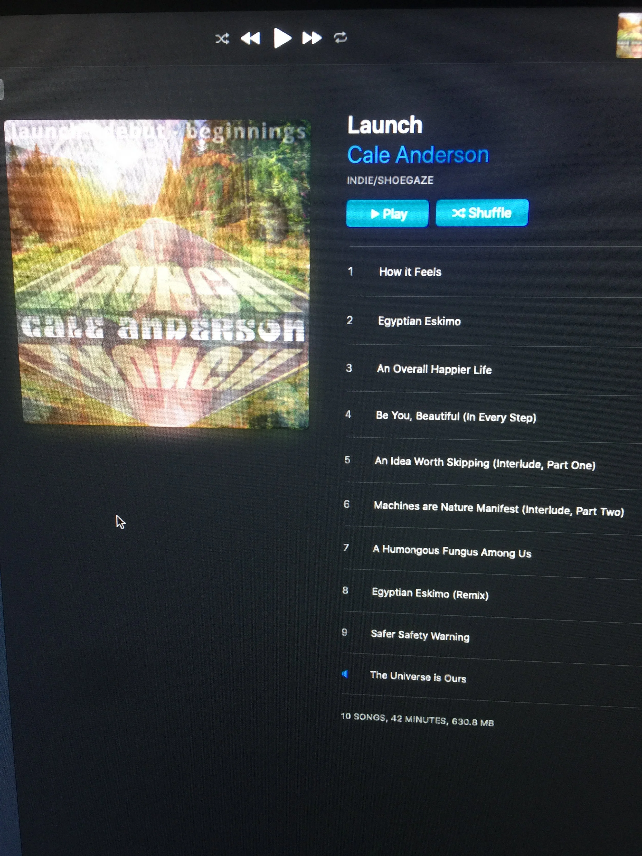 Screenshot of a music playlist titled 'Launch' by Cale Anderson, featuring ten songs with a cover art image showing a road leading through a natural landscape with the artist's name and album title, with options to play or shuffle the playlist.