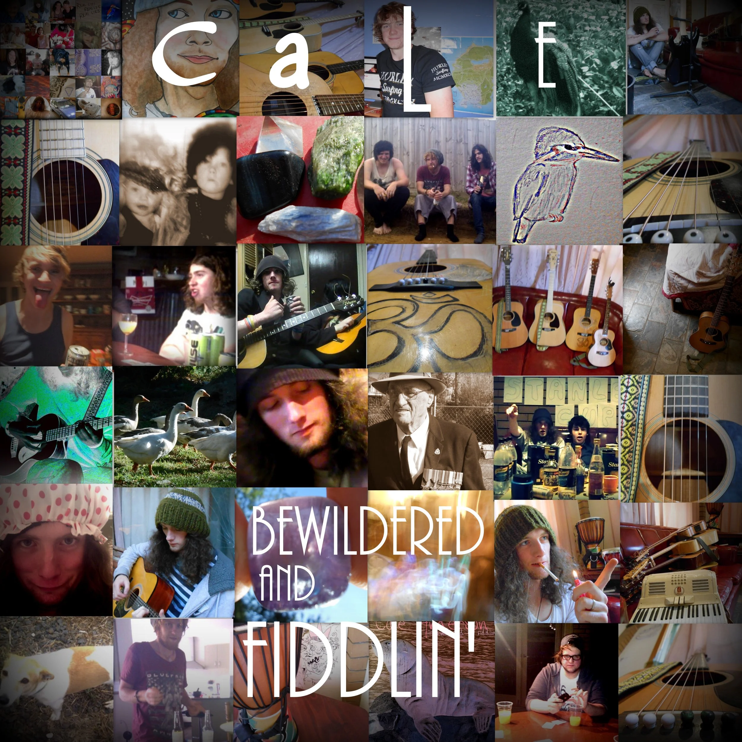 A collage of various photos including people, musical instruments, animals, and objects, with the words 'Cale', 'Bewildered and Fiddlin'' arranged across the images.