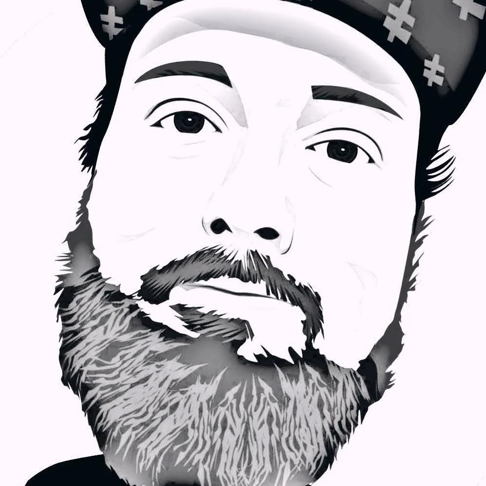 A black and white digital illustration of a man's face with a beard, wearing a cap with cross symbols.