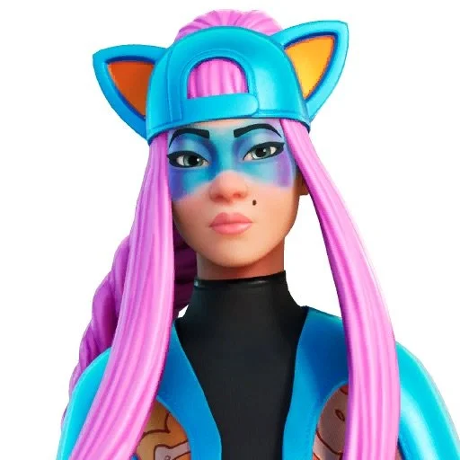 A person wearing a colorful inflatable hat with cat ears, a black top, and a costume with cartoon character designs, featuring long pink hair and makeup.