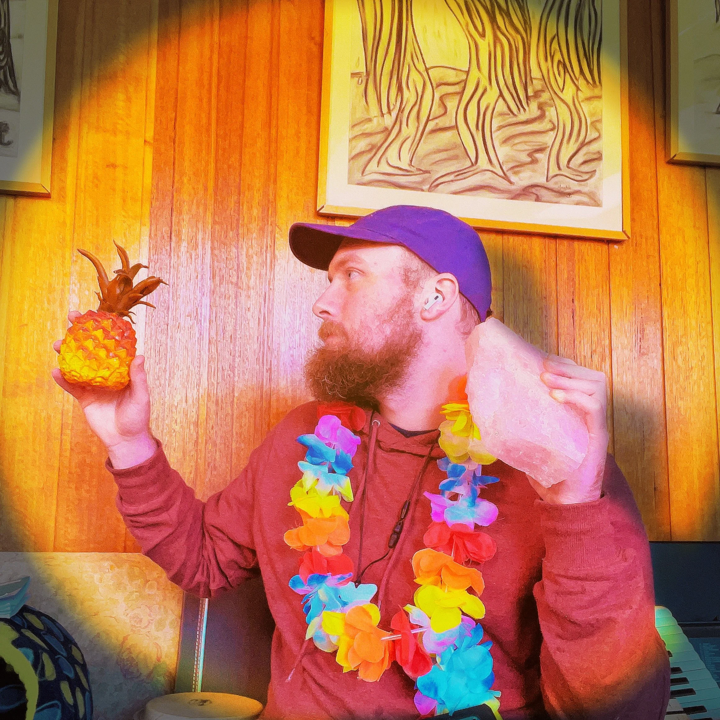 A man with a beard and mustache wearing a purple cap, red hoodie, and a colorful lei around his neck, holding a pineapple in one hand and a large pink rock in the other, sitting against a wooden wall with tropical artwork.