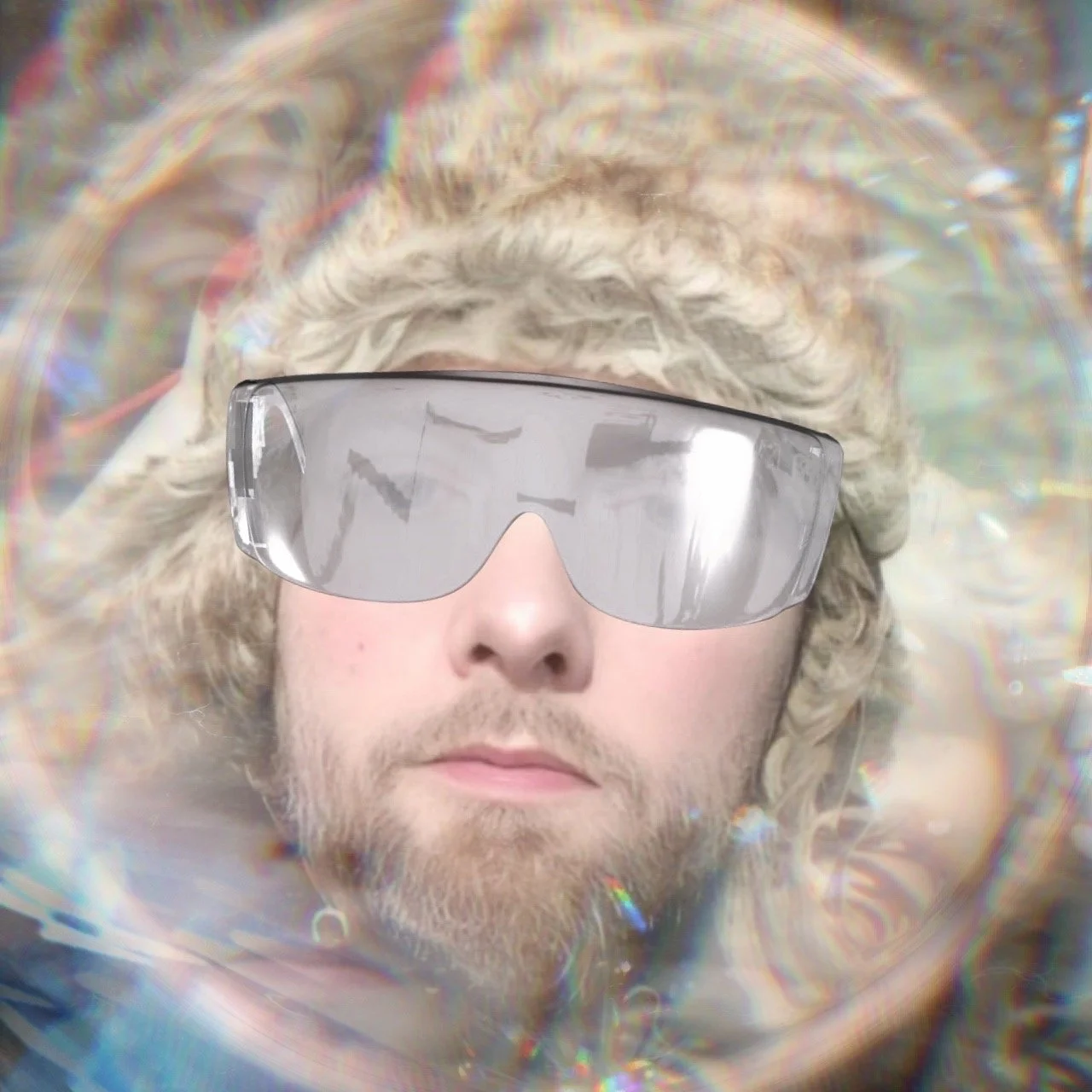 A man with curly blond hair and a beard wearing futuristic mirrored sunglasses, looking directly at the camera, with a colorful, abstract background.