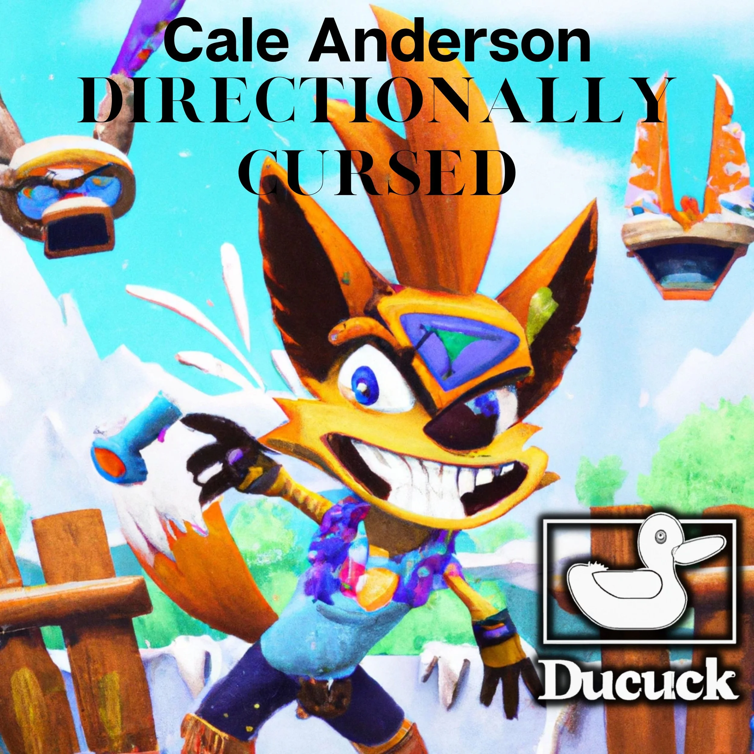 Colorful cover art for the video game 'Crash Bandicoot' featuring the character Crash in a playful pose, with trees, sky, and helicopters in the background. Text on the cover reads 'Cale Anderson Directionally Cursed' and a DuckDuck logo is present a