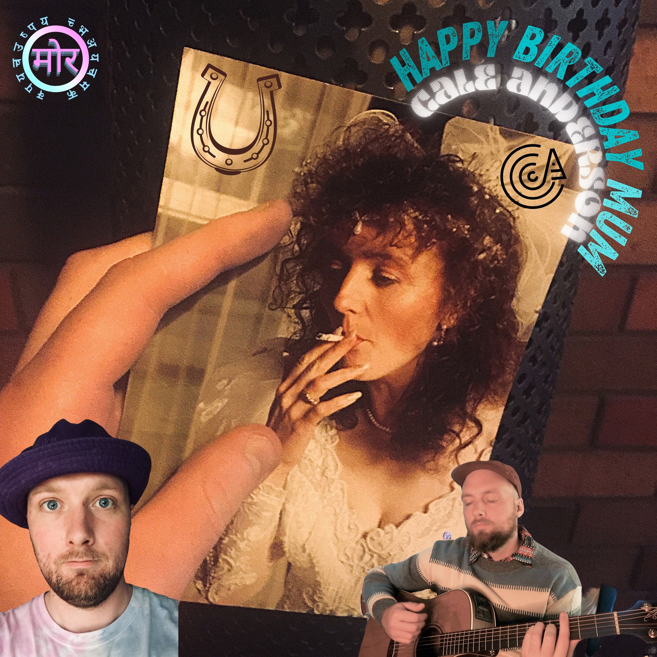 Celebratory birthday image with a vintage-style photograph of a woman with curly hair smoking a cigarette, decorated with birthday labels, doodles, and photos of two men—one with a hat and the other playing guitar.