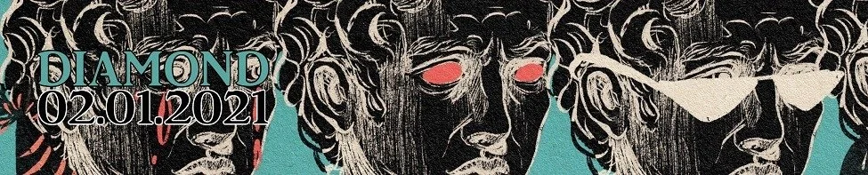 Graphic with stylized black and white faces, featuring pink eyes, and the text 'DIAMOND 02.01.2021' in teal and white.