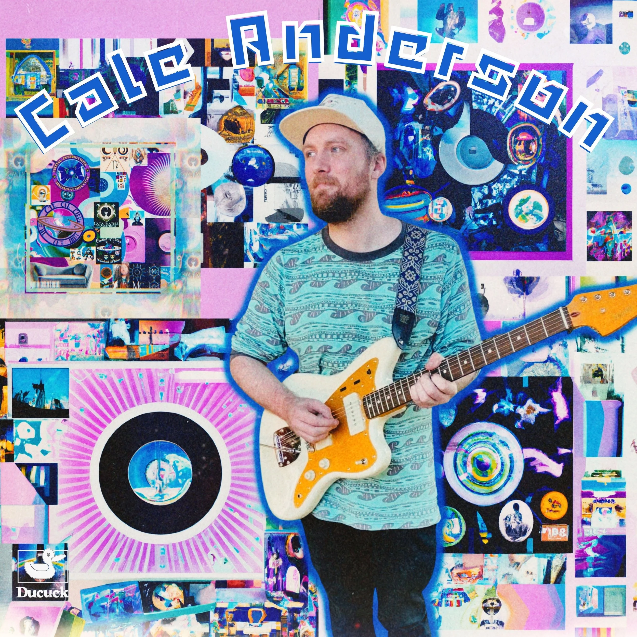 A man playing guitar in front of a vibrant, abstract art collage background, with the text 'Cale Andersson' above him.