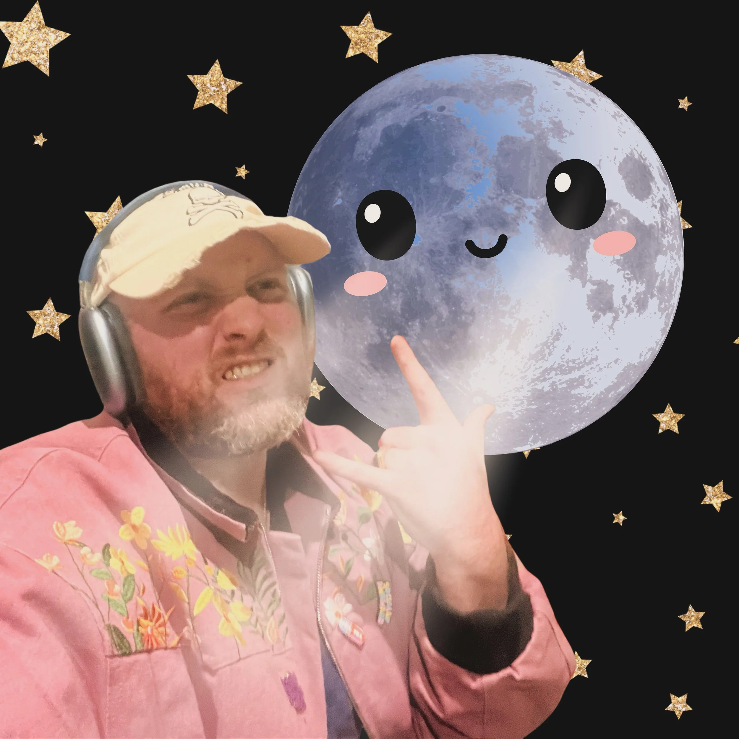 A man wearing a pink jacket with floral embroidery, headphones, and a beige cap, posing with a cartoon moon that has a smiling face and blushing cheeks, surrounded by gold stars.