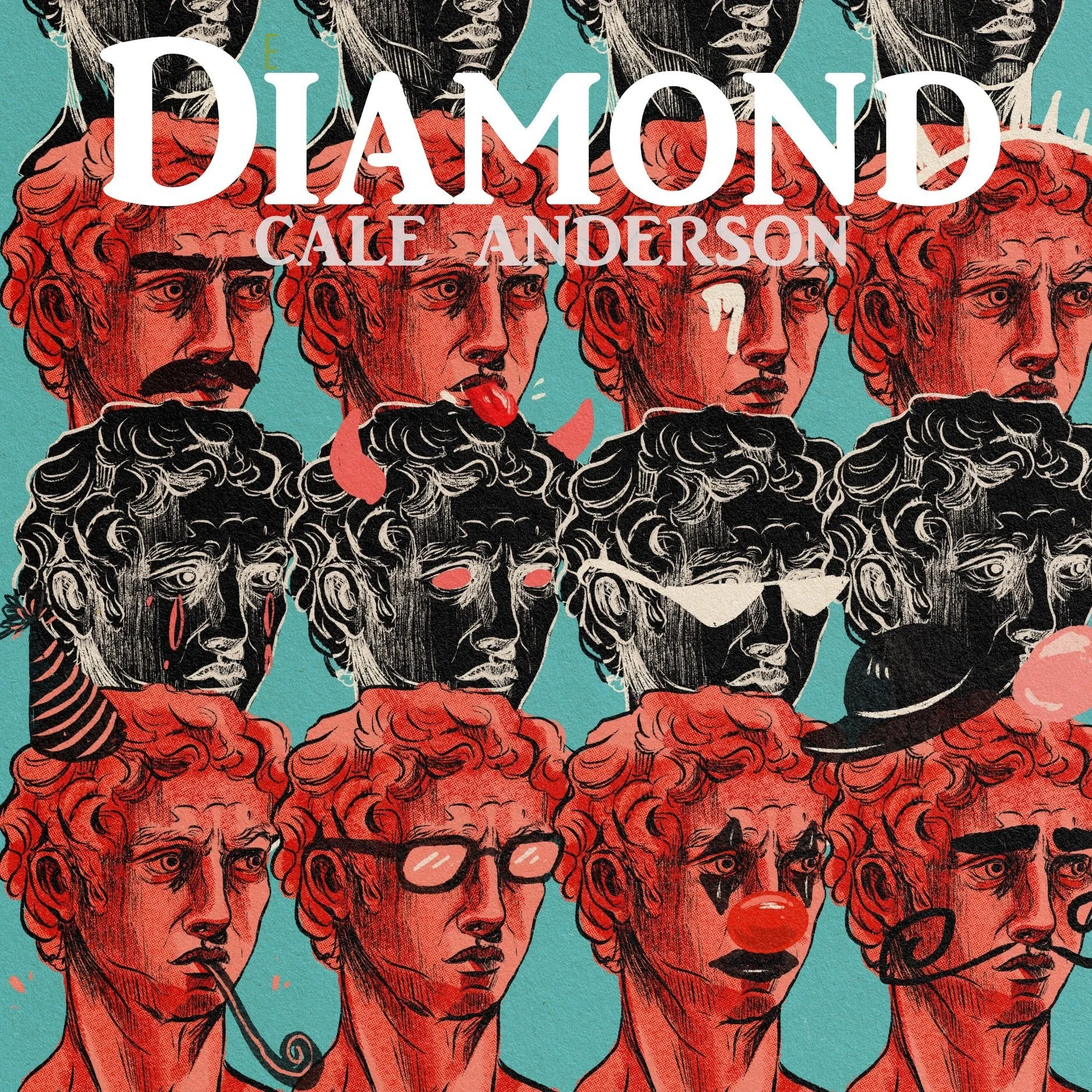 Book cover for "The Diamond" by Cale Anderson, featuring illustrated portraits of various characters with unconventional appearances and accessories, set against a teal background.
