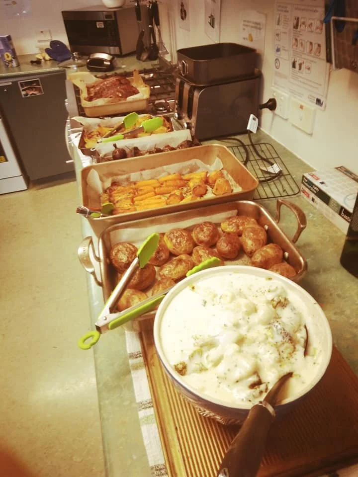 A variety of cooked foods displayed on a kitchen counter, including a large bowl of mashed potatoes or rice, meatballs, baked chicken pieces with sauce, roasted vegetables, and additional casserole dishes.