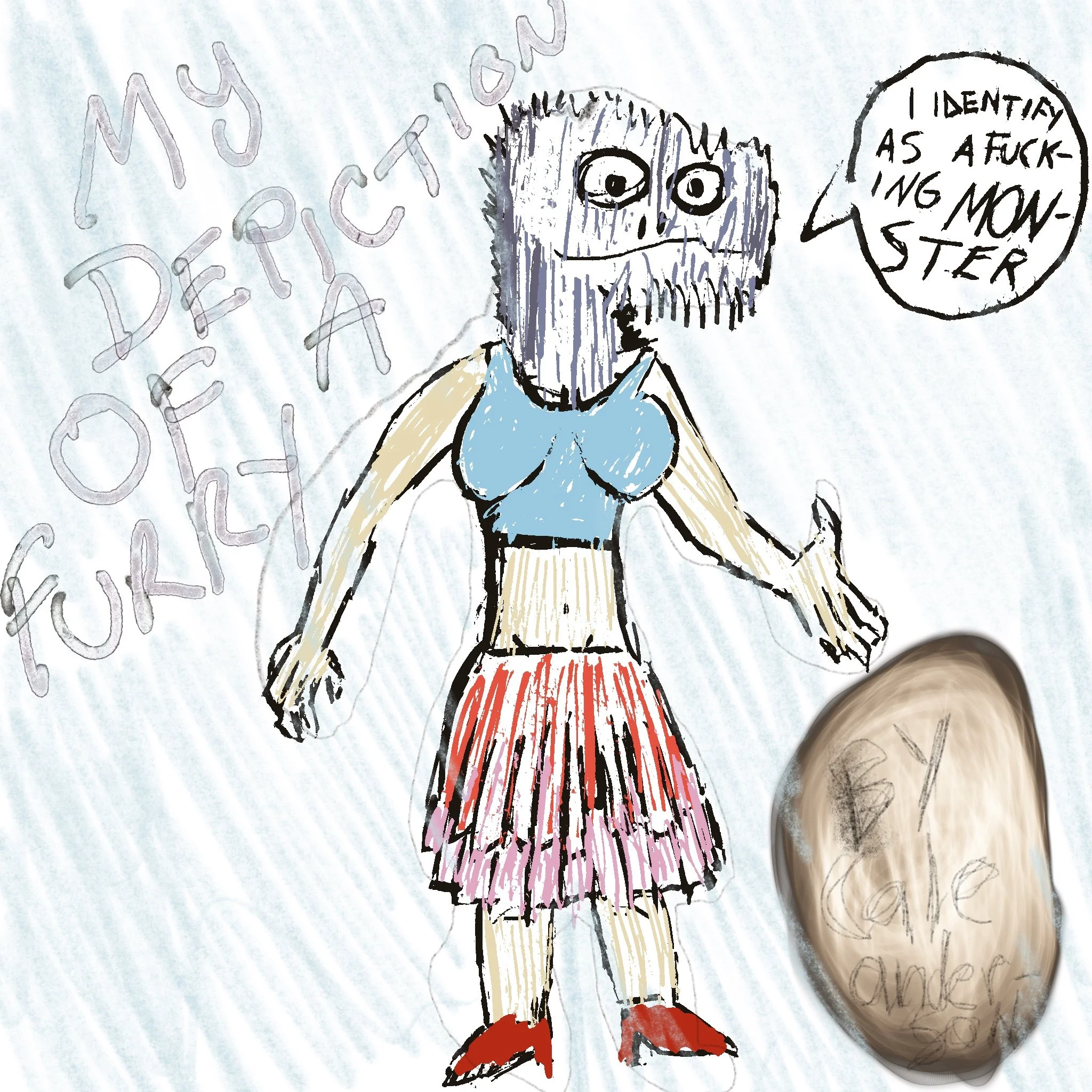 A hand-drawn cartoon character with a bearded face and large eyes, wearing a blue top, a red and pink skirt, and red high heels. The character has an extended arm and is standing next to a large rock with the text 'By Glee ander.' Text in the backgro
