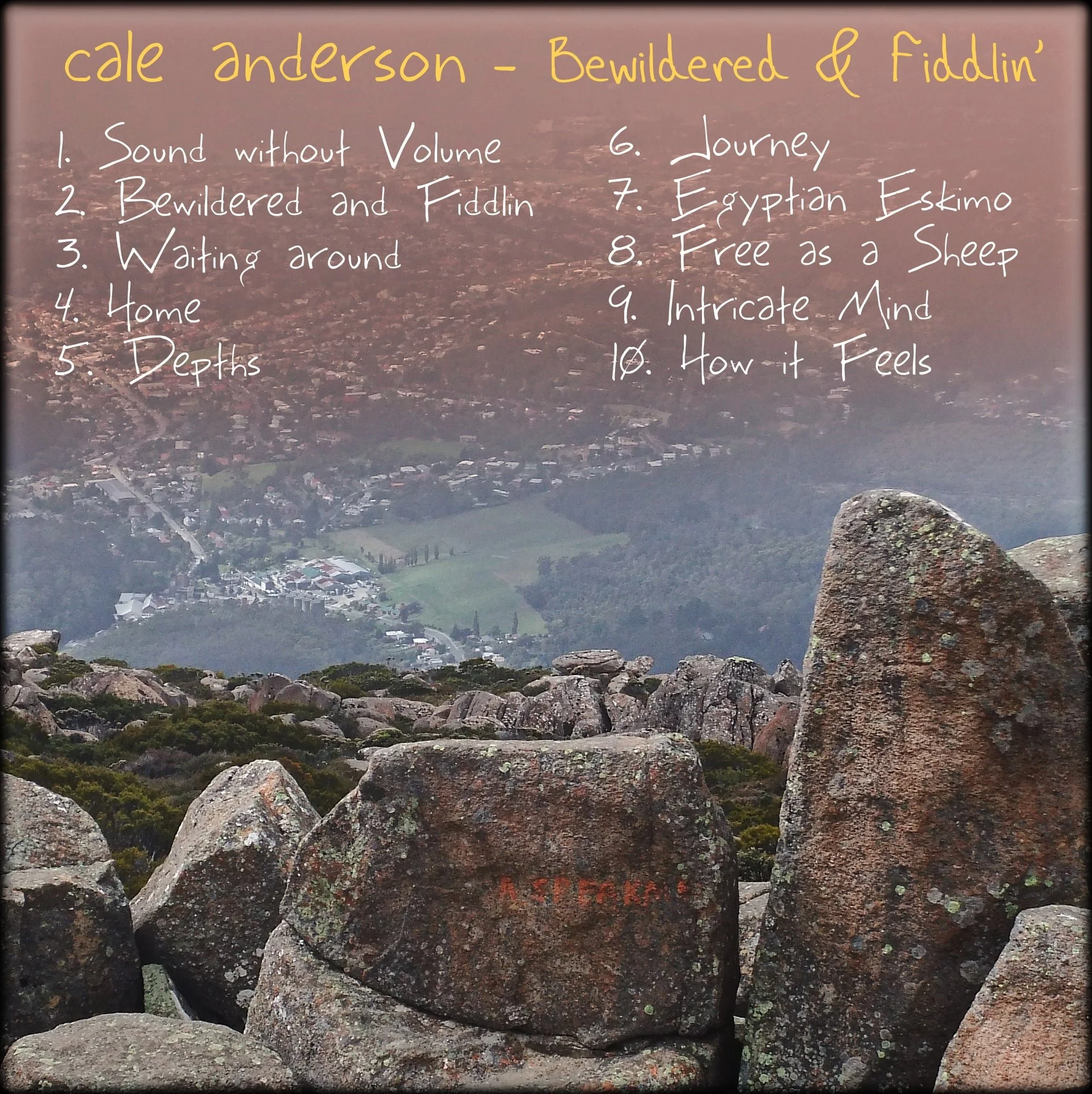 A list of song titles by Cale Anderson written on a board against a mountain landscape background, viewed from a rocky foreground.