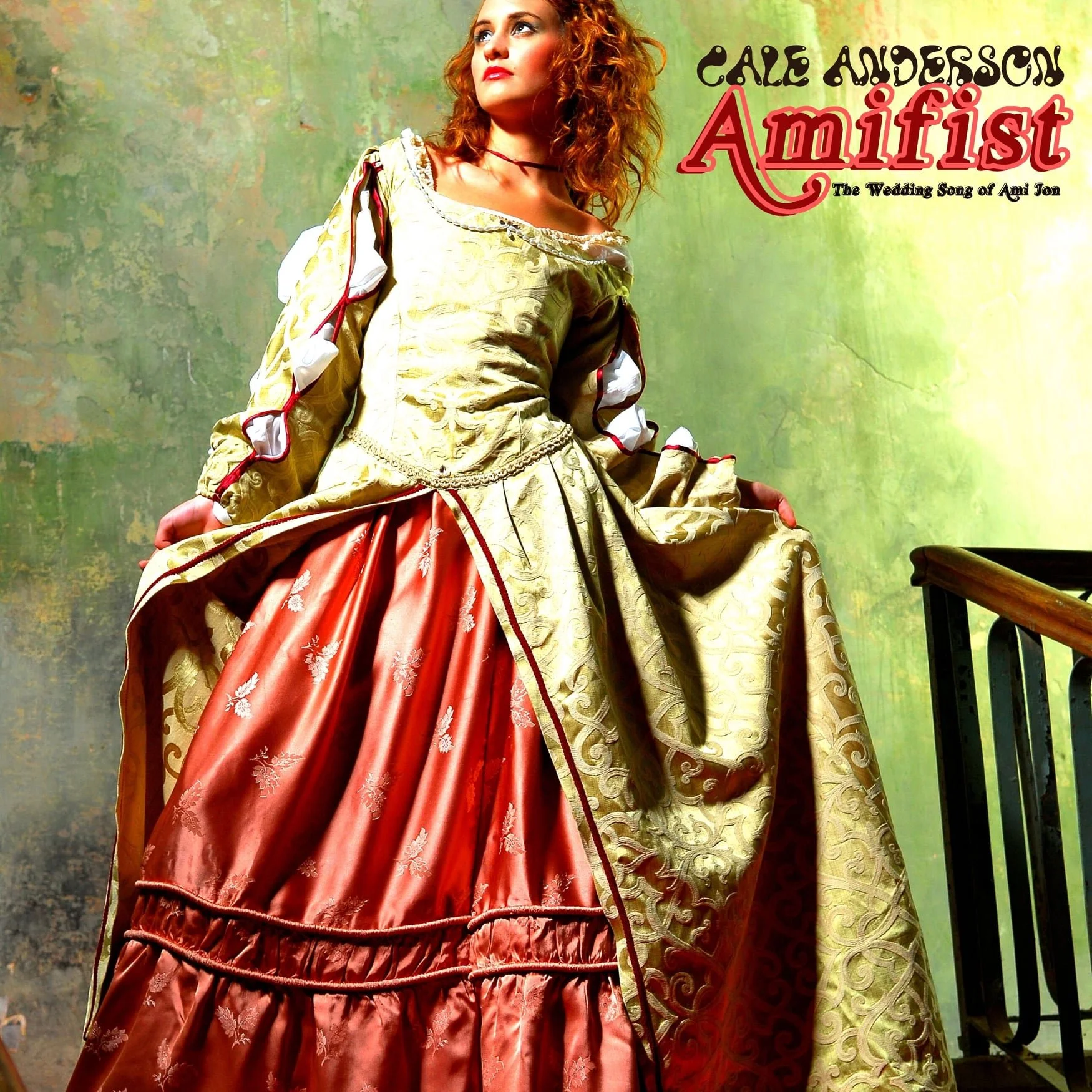 A woman dressed in a historical, ornate gown with gold and red fabric, standing on a staircase against a textured green background. Text on the image reads 'Cale Anderson Ami-fiist The Wedding Song of Ami Jon'.