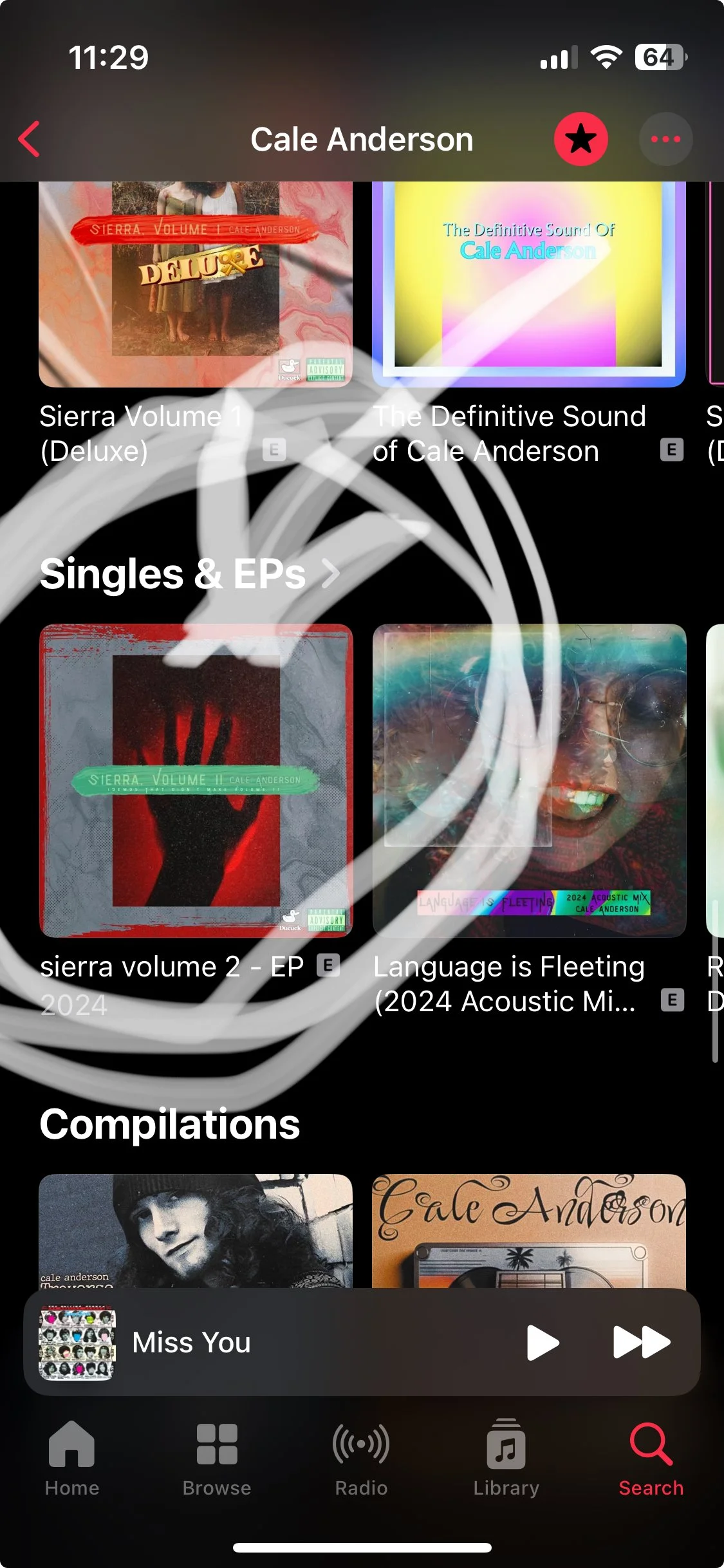 Screenshot of a music app showing album covers, including Sierra Volume 1 (Deluxe), The Definitive Sound of Cale Anderson, Sierra Volume 2 EP, and Language is Fleeting, along with a playlist titled "Miss You" at the bottom.