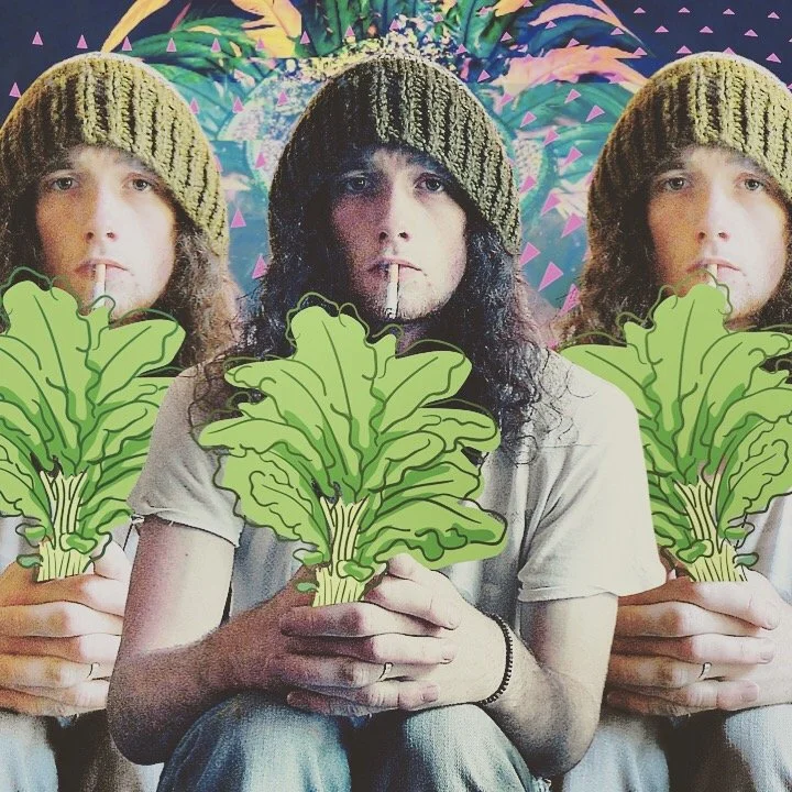 Three people with long hair and beanies holding cartoon illustrations of leafy greens in front of a colorful, psychedelic background.