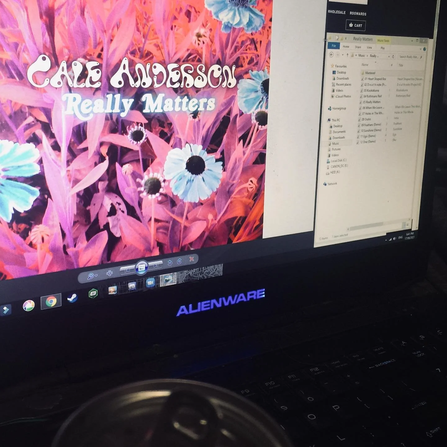A computer screen displaying a colorful background with pink and purple foliage and white flowers, with the text 'CAKE ANDERSON Really Matters.' The right side shows a folder window with files and folders, and the bottom shows the taskbar with variou
