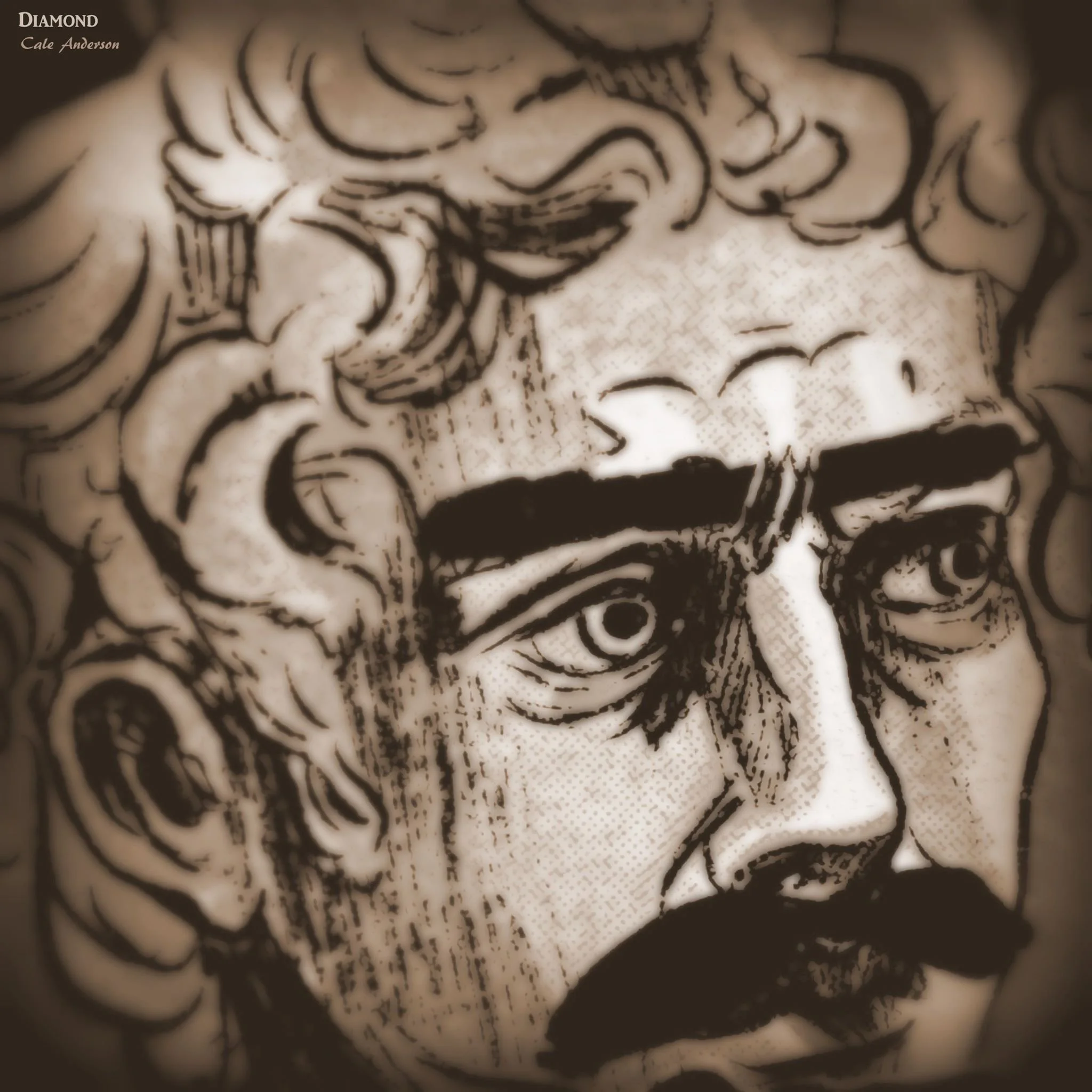 Close-up image of a tattoo depicting a detailed black and gray portrait of a man with curly hair and a mustache.