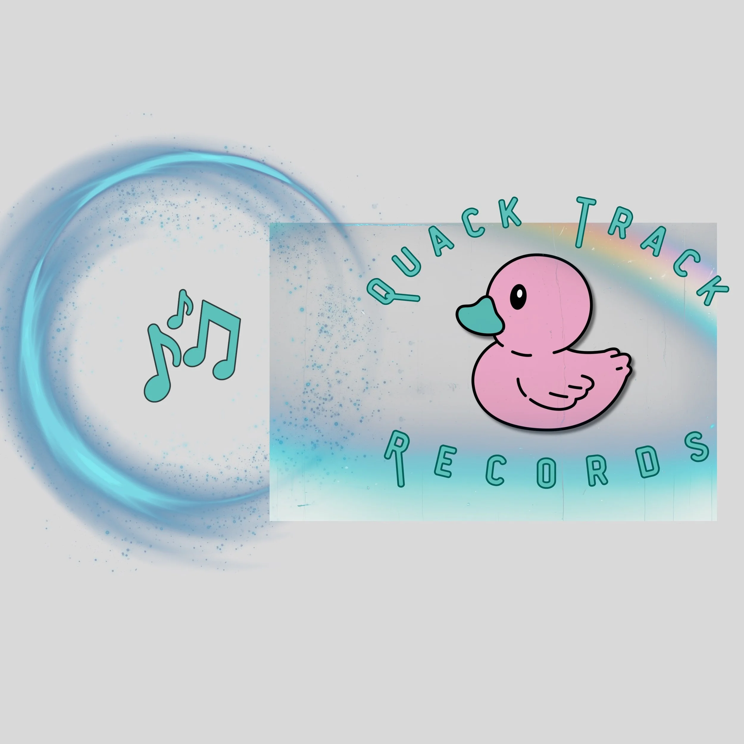 A logo for Quack Track Records featuring a cartoon pink duck with a blue beak, surrounded by musical notes and a rainbow on a light gray background.