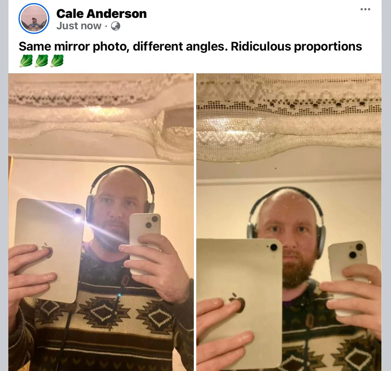 A man with a beard and headphones taking two mirror selfies at different angles, using a smartphone and a tablet. He is wearing a patterned sweater and standing in a room with a decorative ceiling and beige walls.
