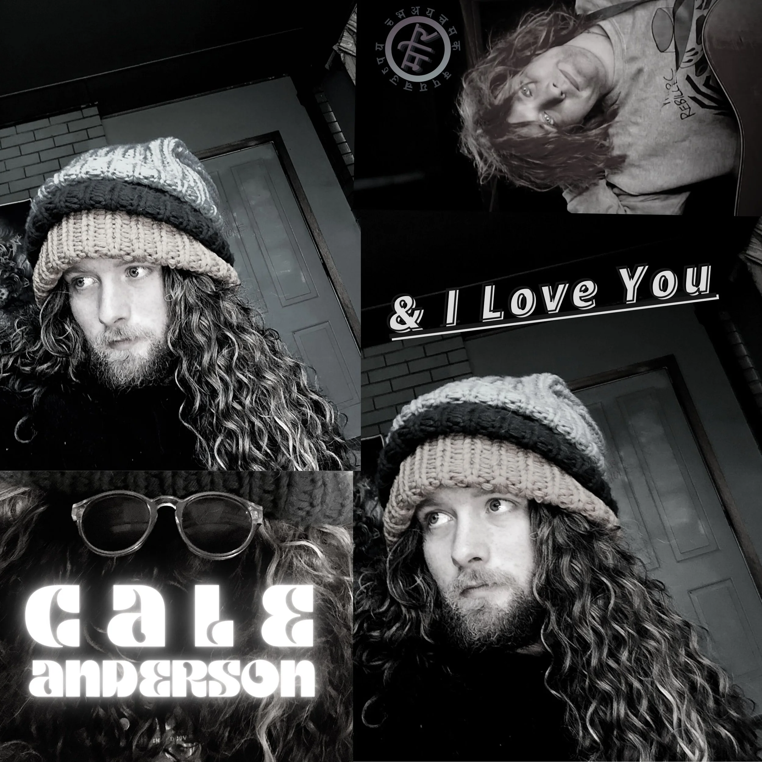 Collage of images featuring a young man with long curly hair, wearing a knit hat, and sunglasses in one photo. One image shows a woman with curly hair and a T-shirt, with text that says '& I Love You.' The other images include a logo with stylized le