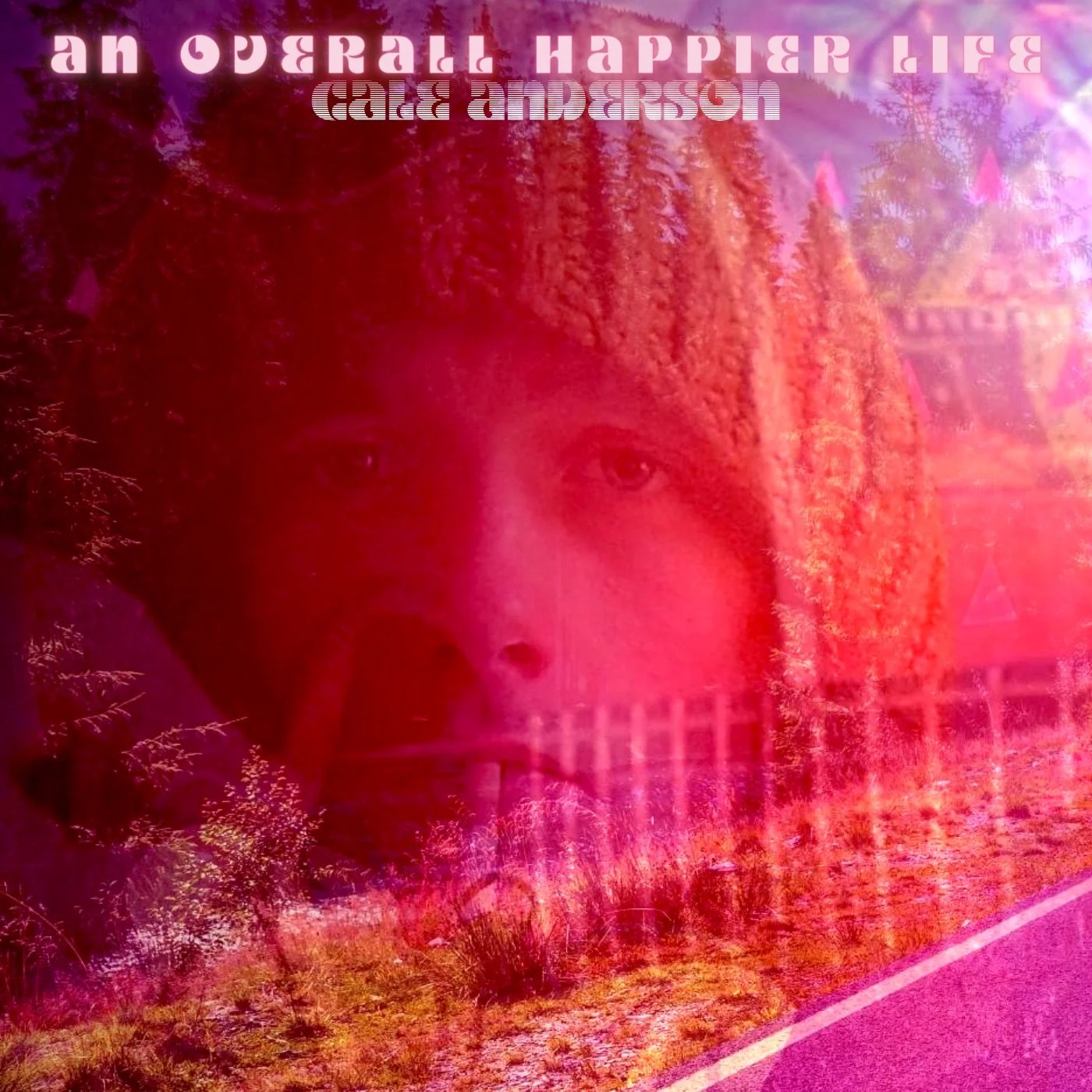 Cover art featuring a person with dreadlocks and forest background, overlaid with pink and purple hues, with text reading 'An Overall Happier Life Calie Anderson' at the top.