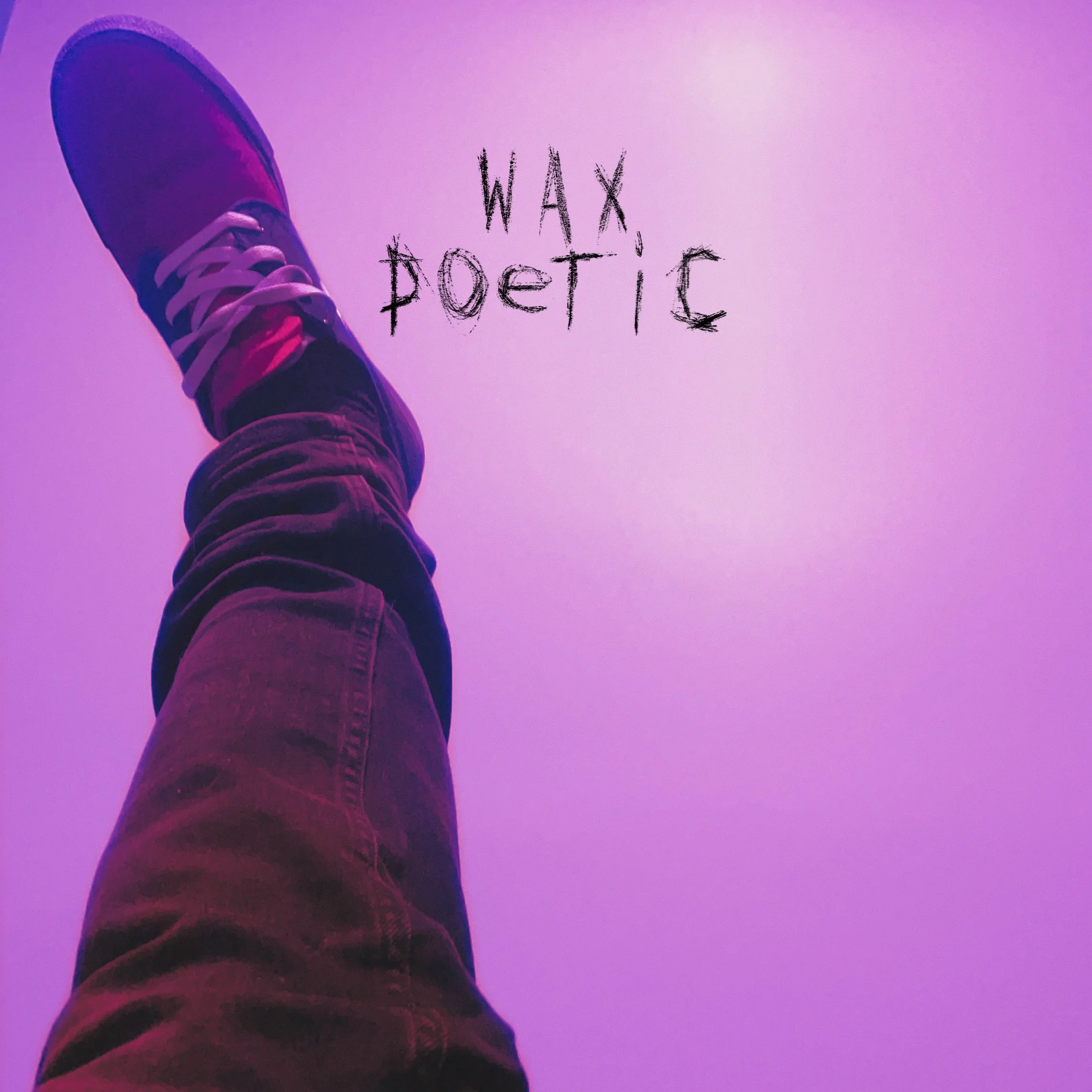 A person wearing pants and sneakers lying on a purple-lit floor with the words 'WAX POETIC' written above in black chalk-like text.
