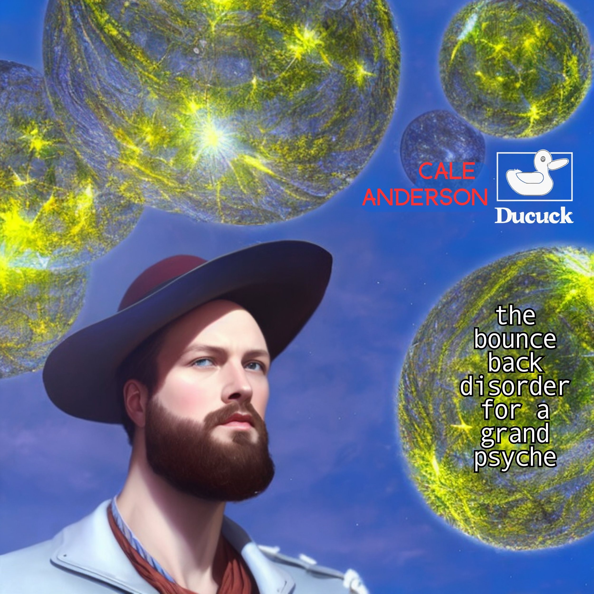 A man with a beard and blue eyes wearing a large hat against a backdrop of floating orbs with yellow branching structures, and a blue sky with clouds. Text overlays include "CALE ANDERSON" in red, a logo of a duck with "Ducuck" written underneath, an