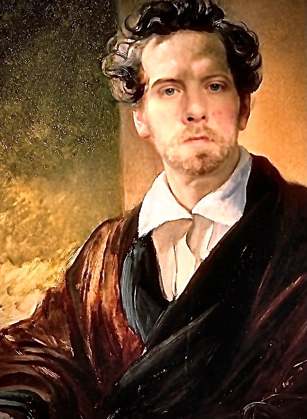A person taking a selfie in front of a painting of a man wearing historical clothing.