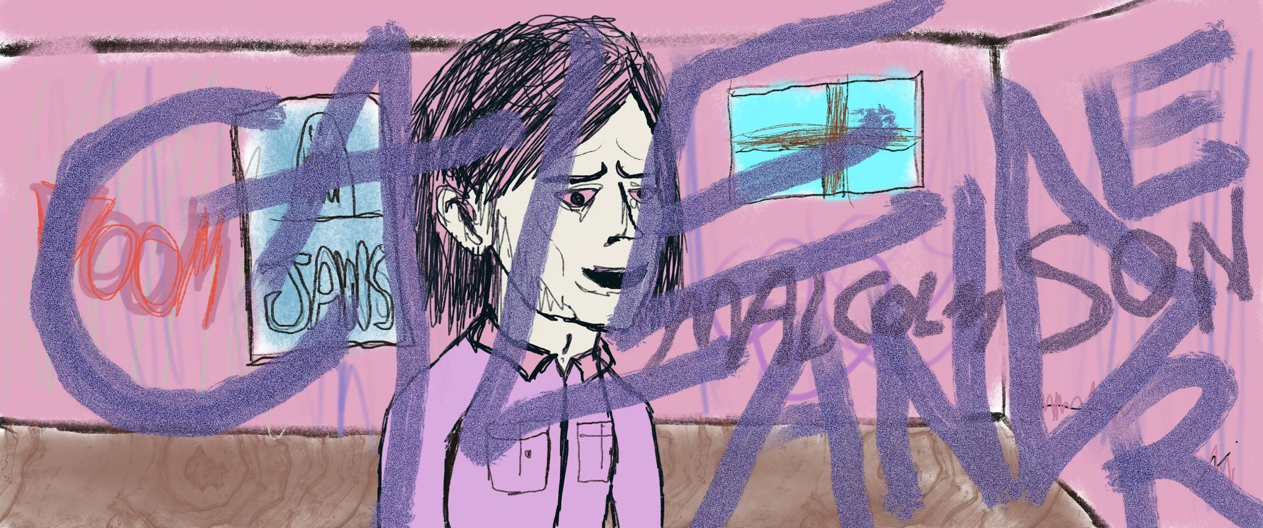 Drawing of a distressed woman with brown hair and a sad expression, standing in a pink room with a sign that reads 'Sorry' and graffiti that says 'You are not safe here,' with a window showing blue sky outside.