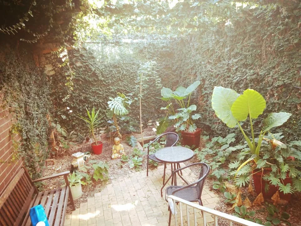 Small backyard garden with a brick patio, a wooden bench, a small round table with two black chairs, various potted plants including large leafy plants and a small Buddha statue, surrounded by lush greenery and ivy-covered walls.