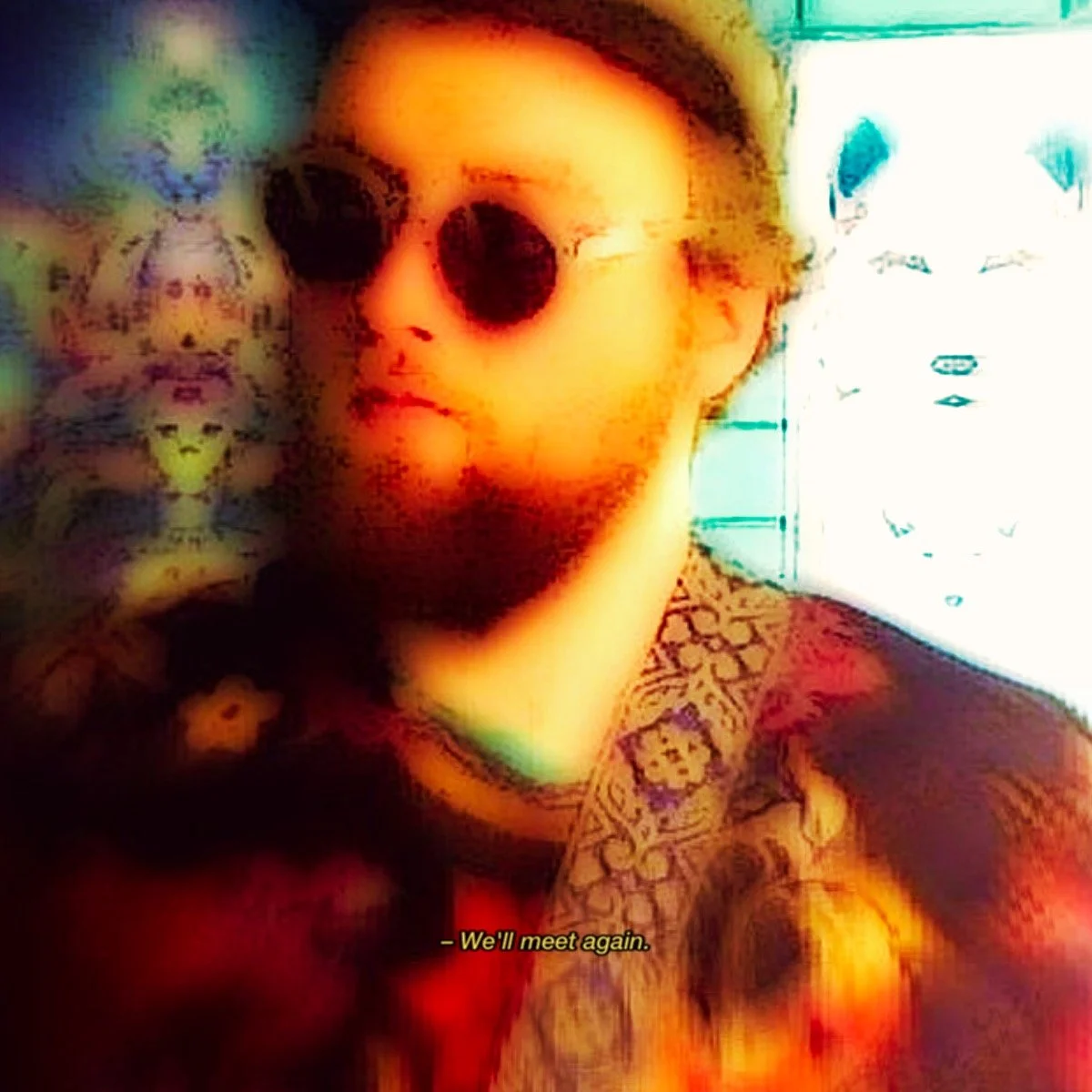 A person wearing sunglasses taking a selfie, with colorful, distorted effects and subtitles that say 'We'll meet again.'