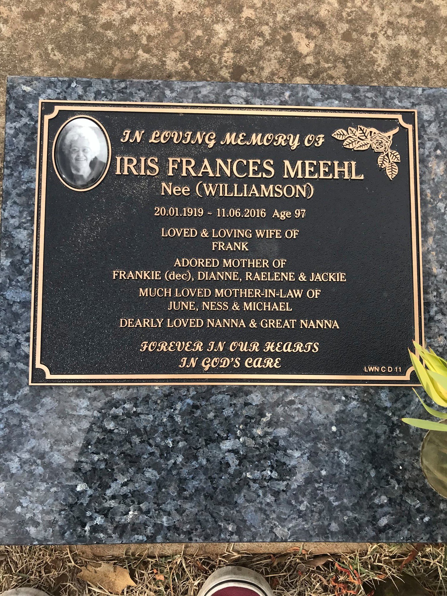 A black memorial plaque with gold lettering and accents. It features an oval portrait of Iris Frances Mehl at the top left corner. The plaque includes her birth and death dates (January 20, 1919, to June 11, 2016), and mentions she was a loved wife, 