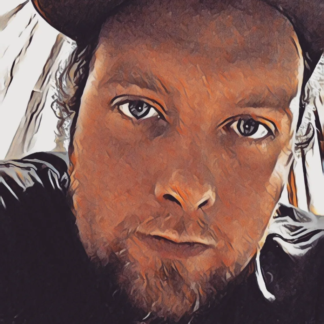 Close-up of a person's face with a serious expression, wearing a hat and dark clothing, with a digitally stylized effect.