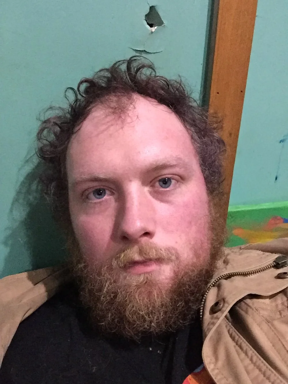 A man with curly hair and a beard taking a selfie against a green wall with a torn hole in the drywall.